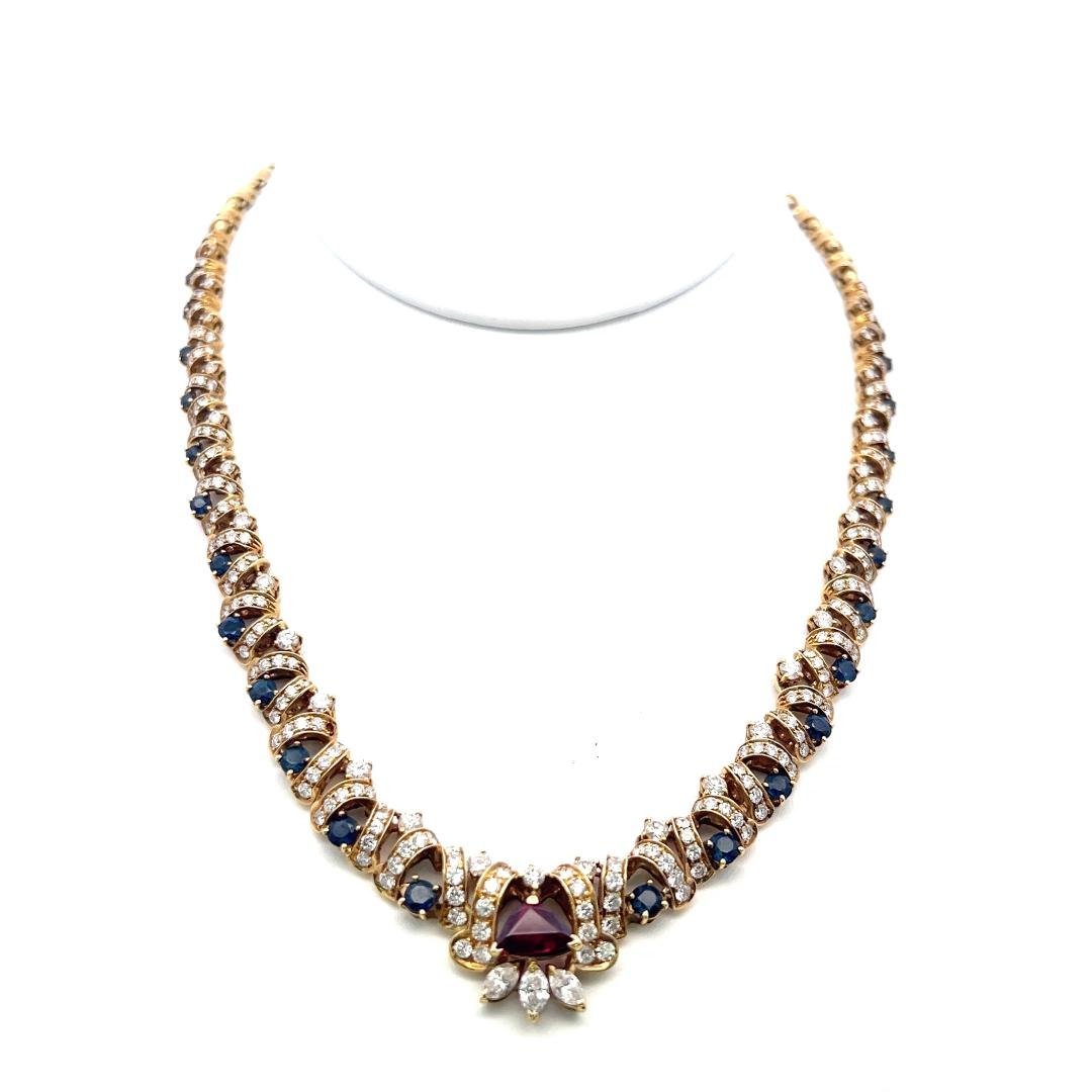 18K Yellow Gold Link Necklace with 7.7ct Diamonds 2ct Sapphire & 1ct Ruby 16 In
