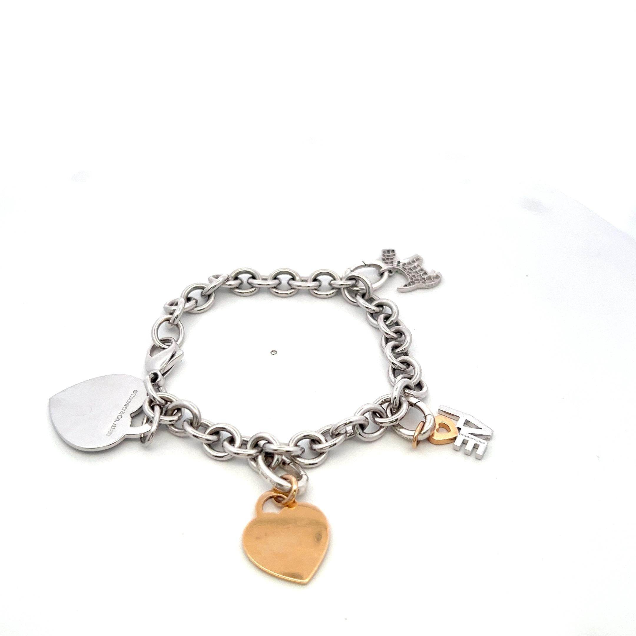 Tiffany & Co 18K Two Tone Gold Silver Charm Bracelet 1.2 Carat Round Diamonds