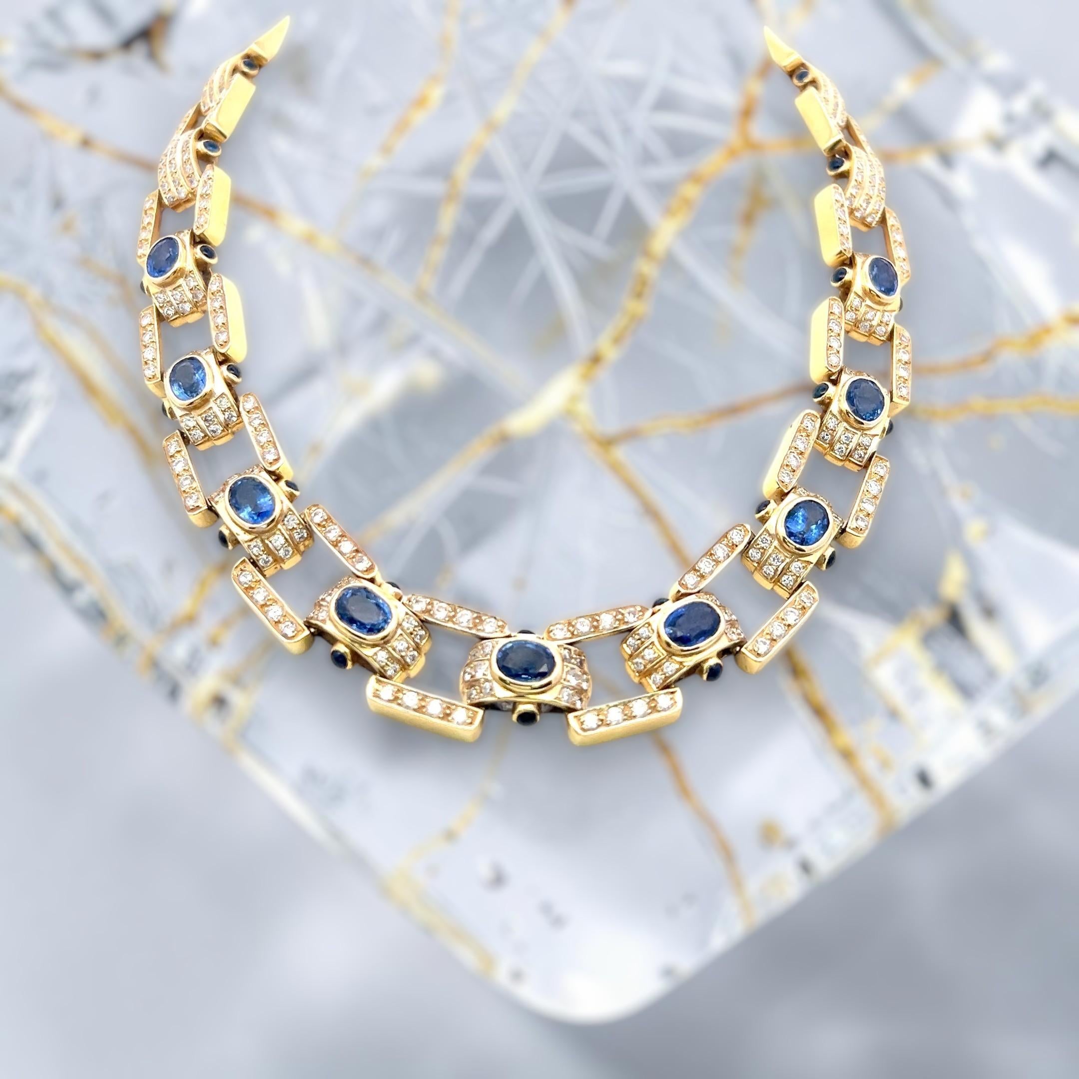 18K Yellow Gold Link Necklace with 11.5ct Round I SI Diamonds & 11.5ct Sapphires