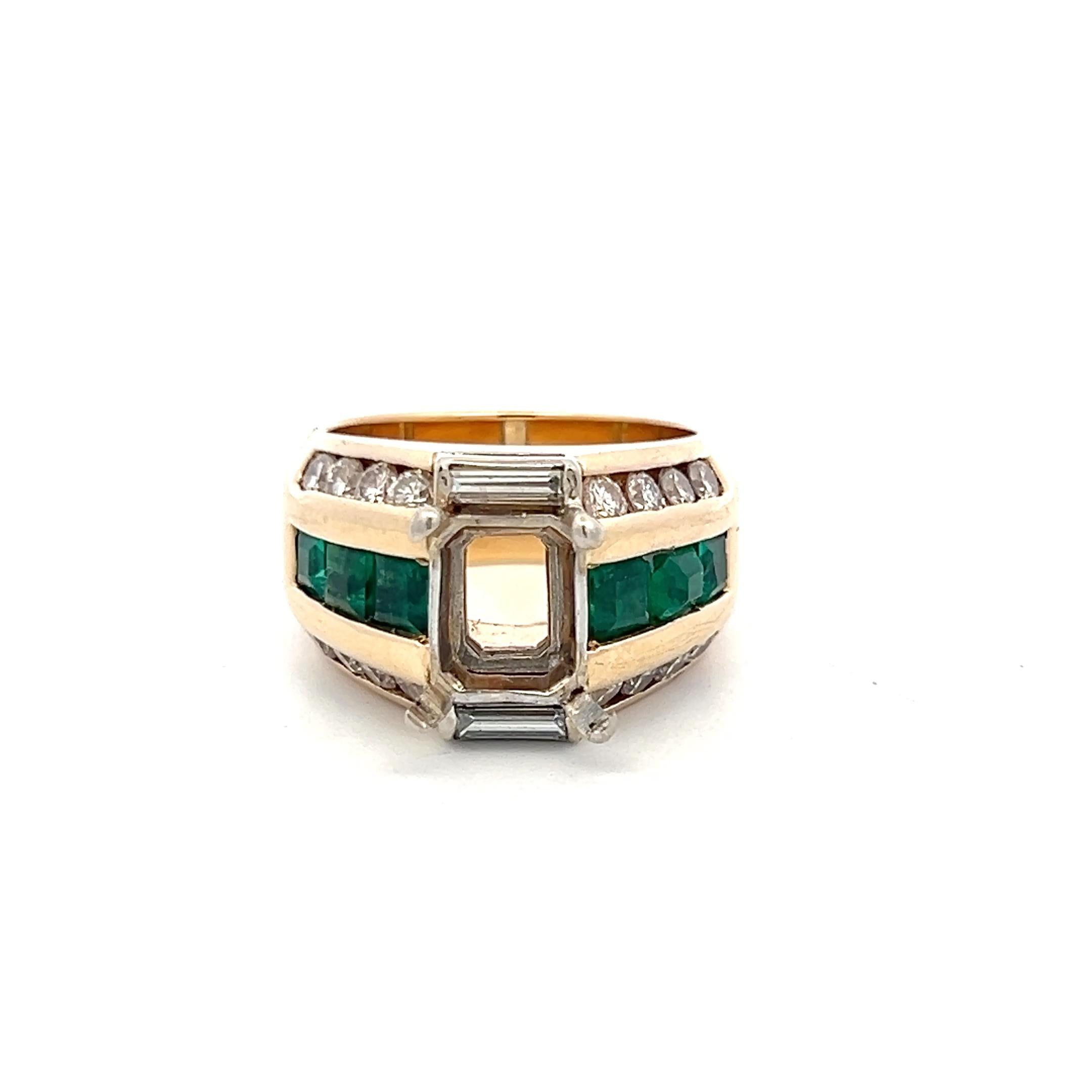 18K Yellow Gold Semi Mount Ring 0.8ct Round Diamonds & 1ct Emerald Fits 9x7mm