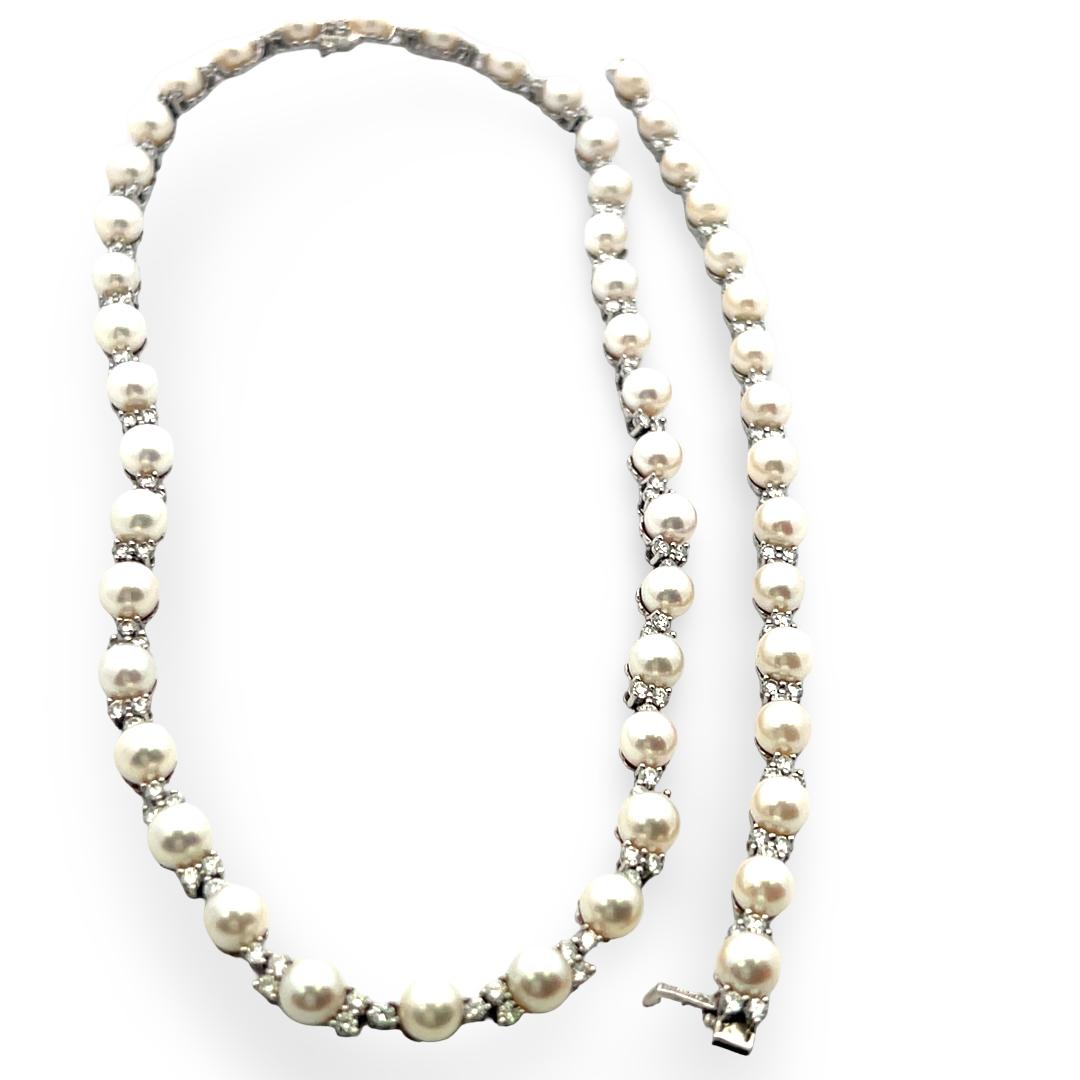 Platinum Link Necklace & Bracelet Set with 4.7ct Round F VS Diamonds & Pearls