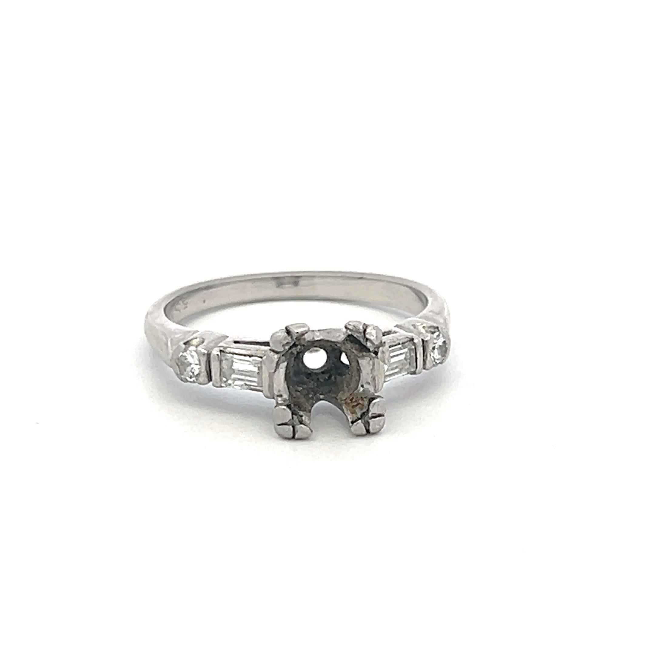 Platinum Semi Mount Ring with 0.12ct Baguette & Old European Diamonds Fits 6.3mm