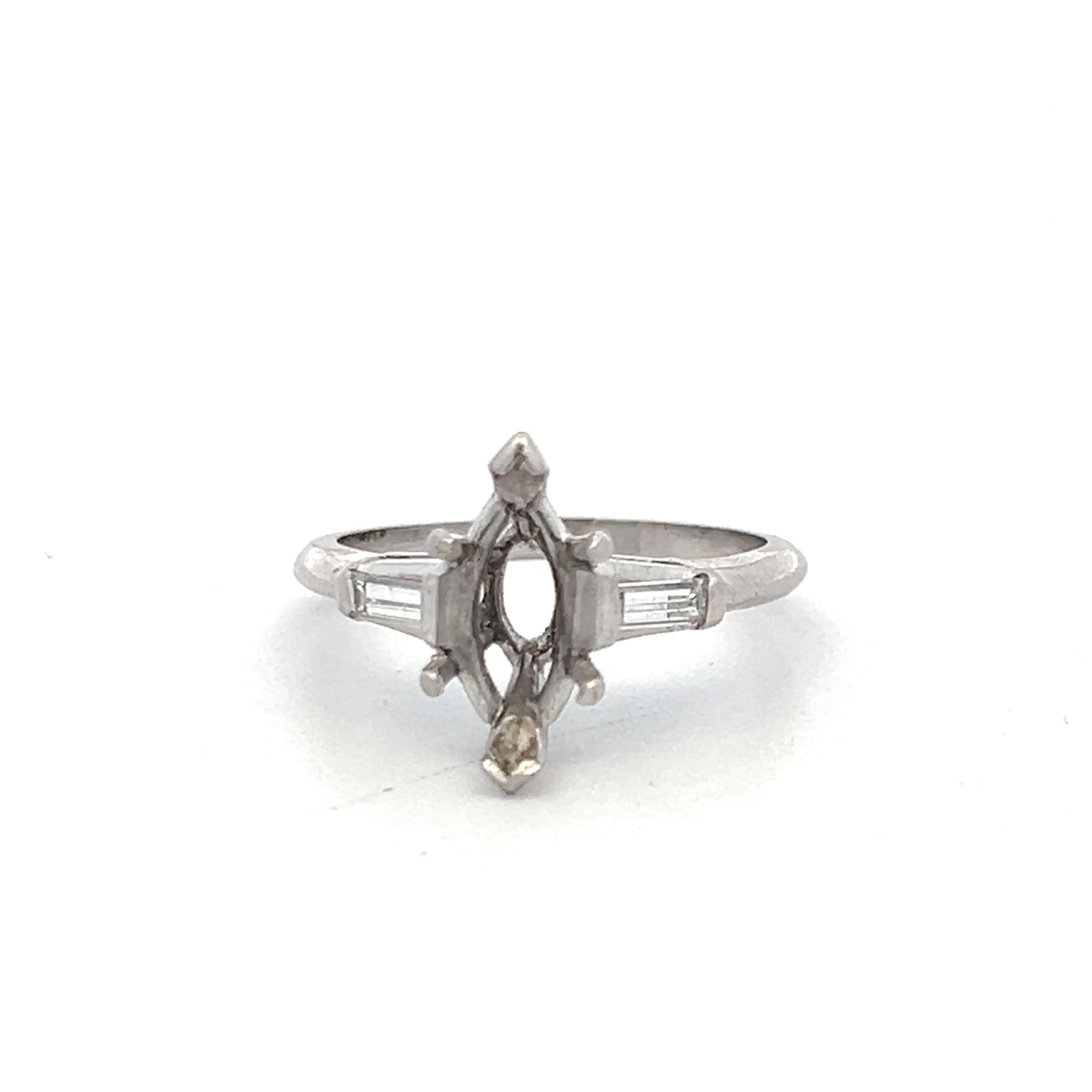 Platinum Semi Mount Ring with 0.16ct Tapered Baguette Diamonds Fits 10.05x5.4mm