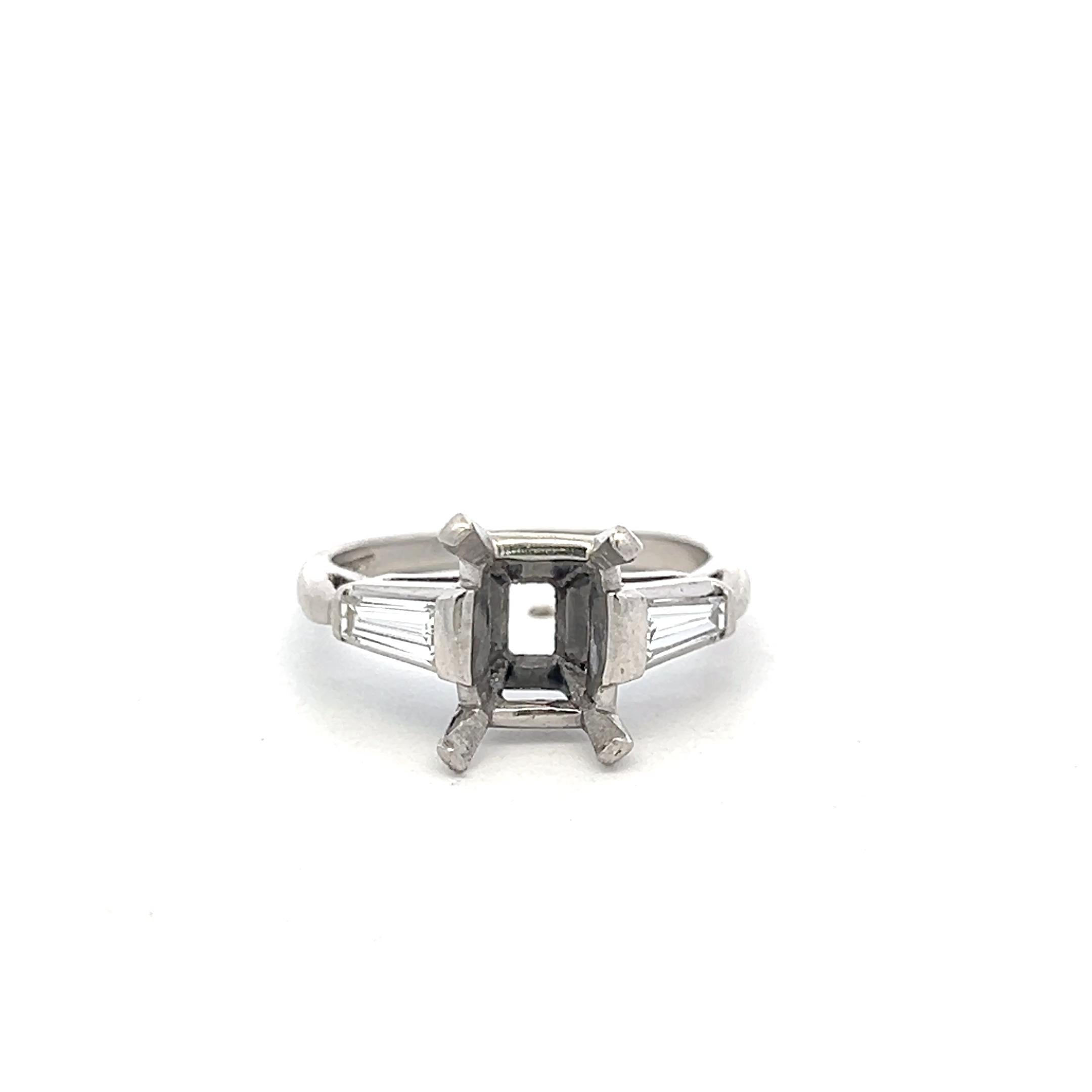 Platinum Semi Mount Ring with 0.4ct Tapered Baguette Diamonds Fits 8.2x6.2 MM