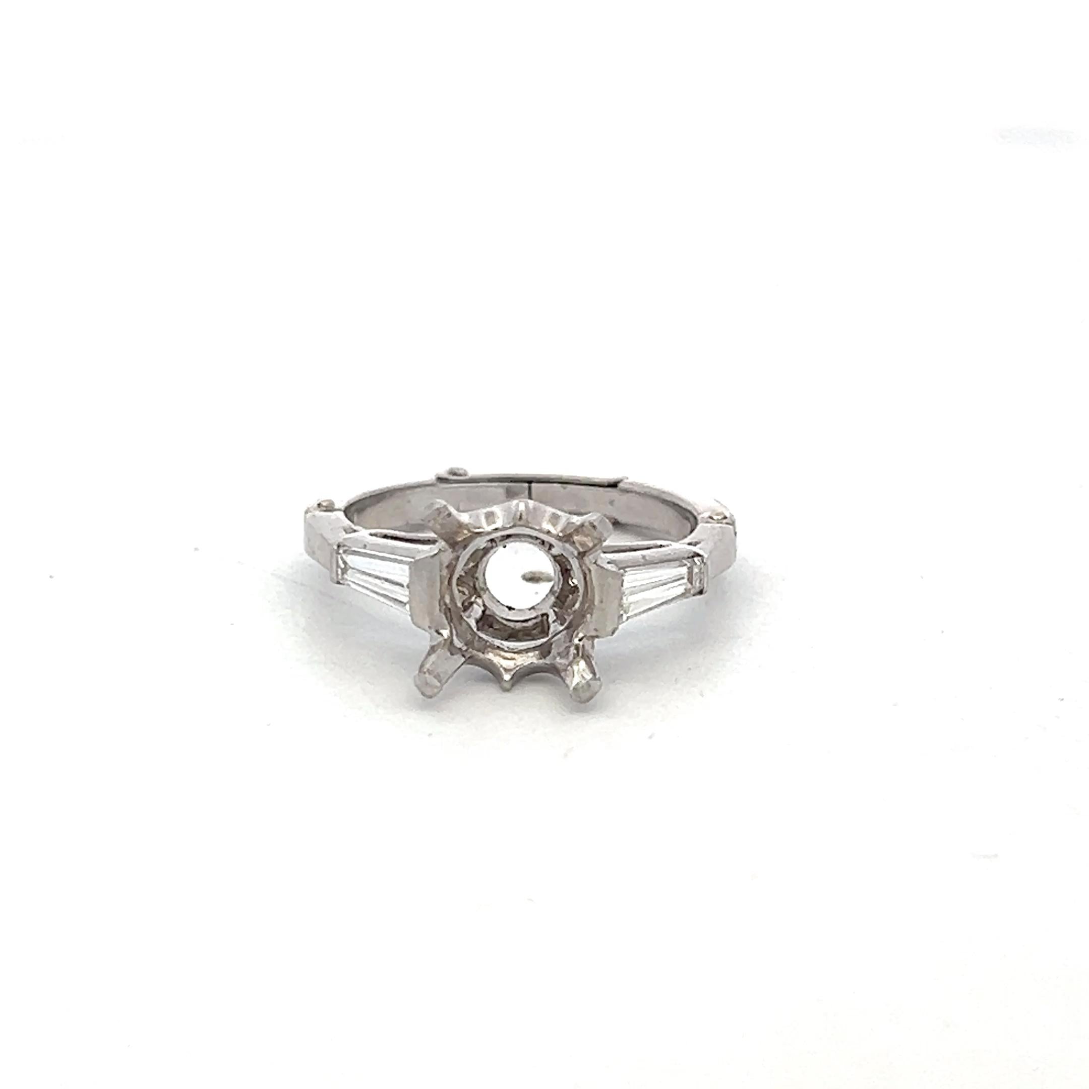 Platinum Semi Mount Ring with 0.3ct Tapered Baguette Diamonds Fits 8.6mm 2.5 ct+