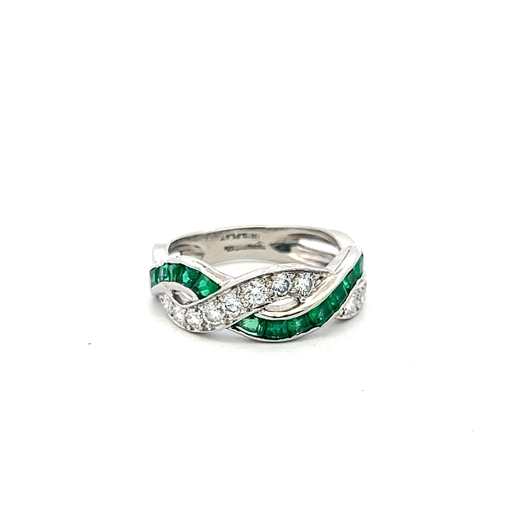 Tiffany & Co Platinum Band Ring 0.33ct Round F VS1 Diamond 0.7ct Emerald Size5.5