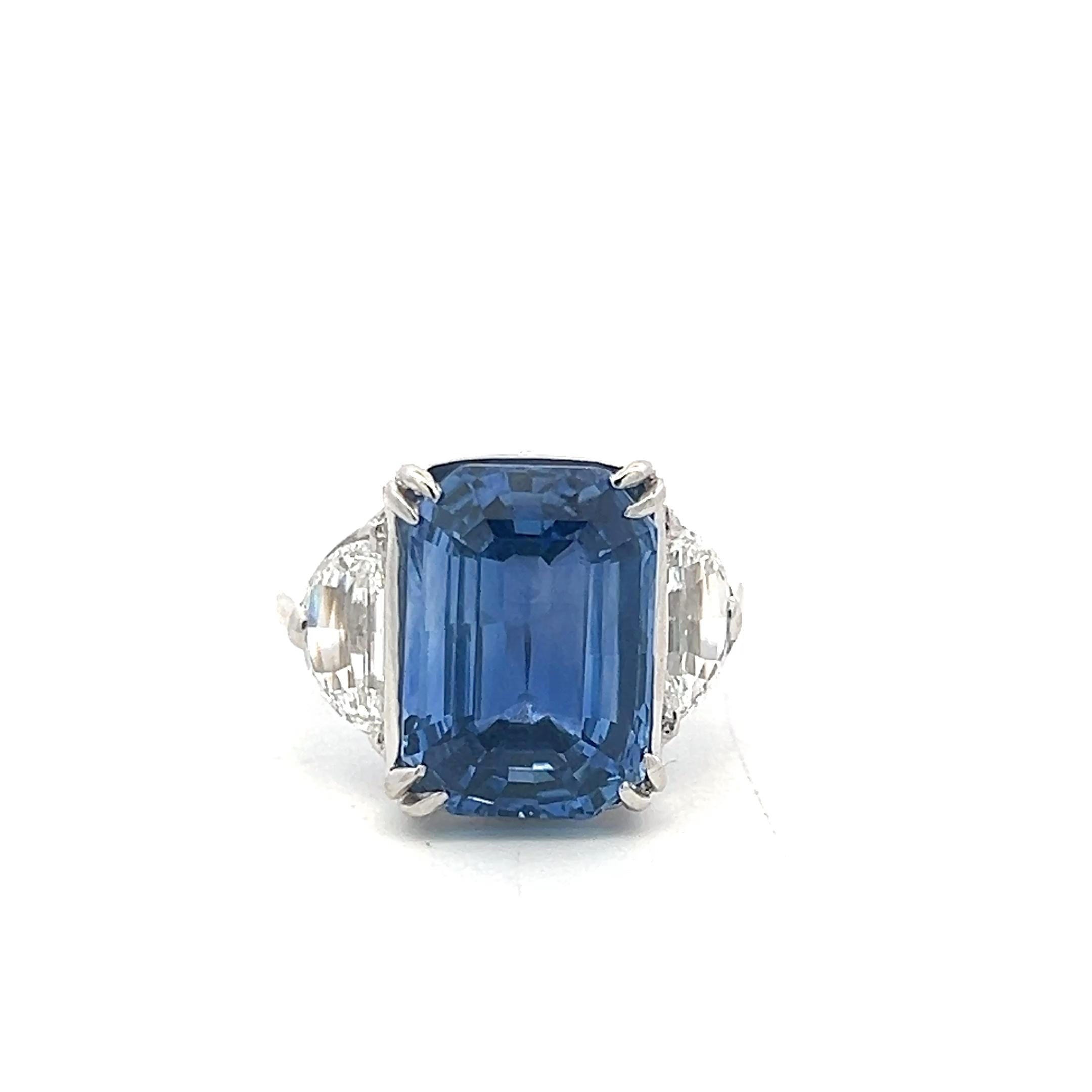 Platinum Three-Stone Ring 1.35ct Half Moon Shape Diamonds 11.57ct Sapphire GIA