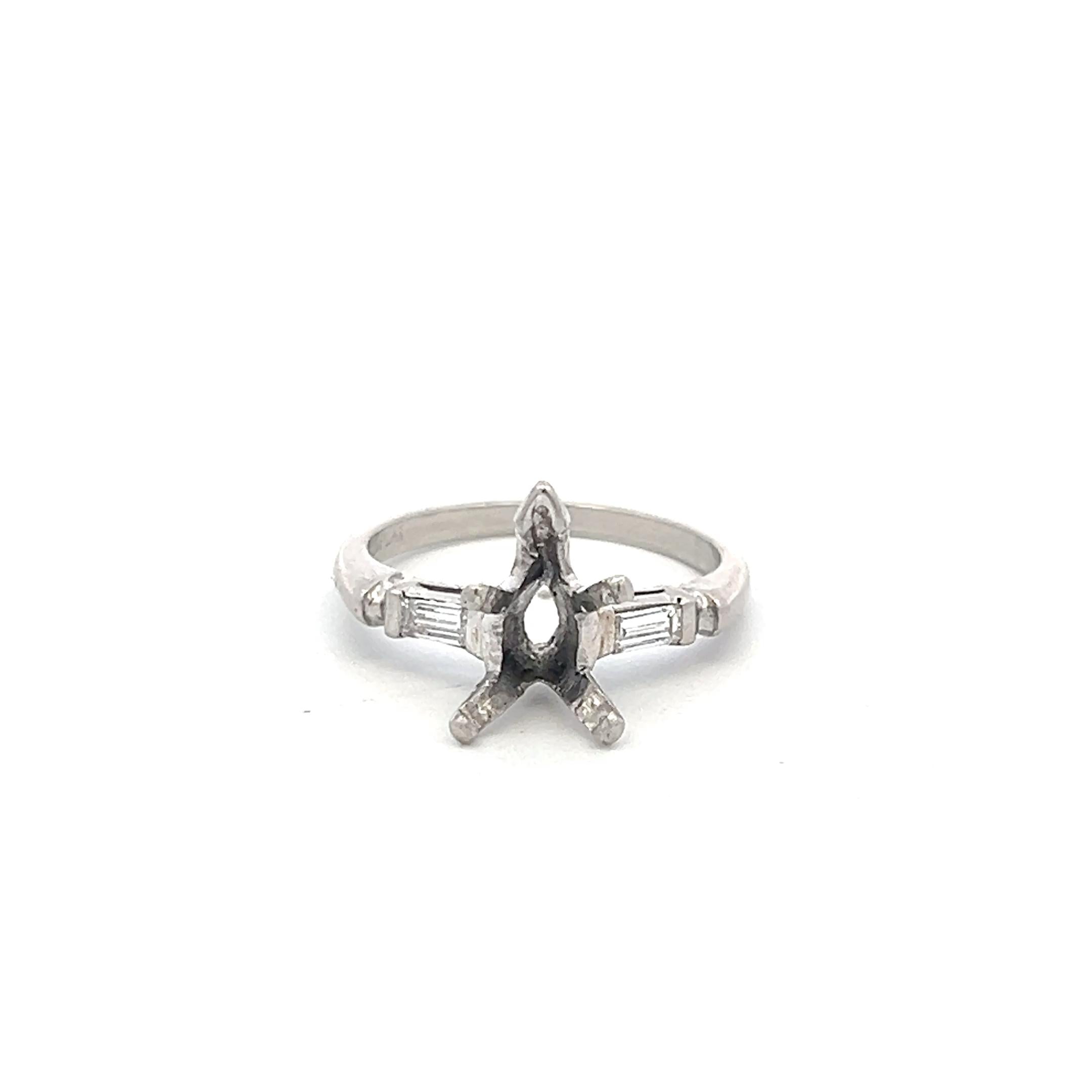 Platinum Semi Mount Ring with 0.1ct Baguette Diamonds Fits 9.4x5mm 1.25ct++