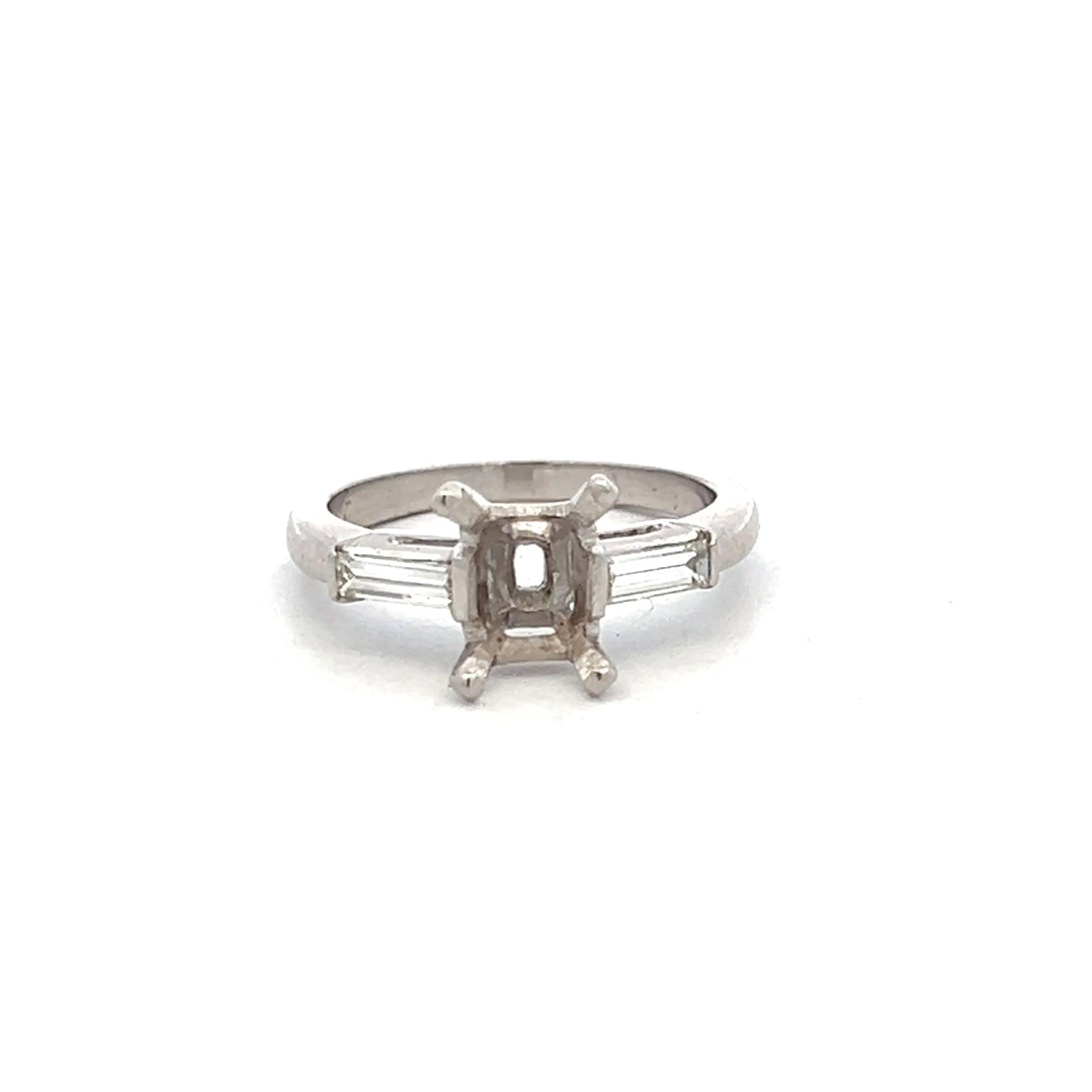 Platinum Semi Mount Ring with 0.1ct Baguette Diamonds Fits 6.6x4.3mm 0.50ct++