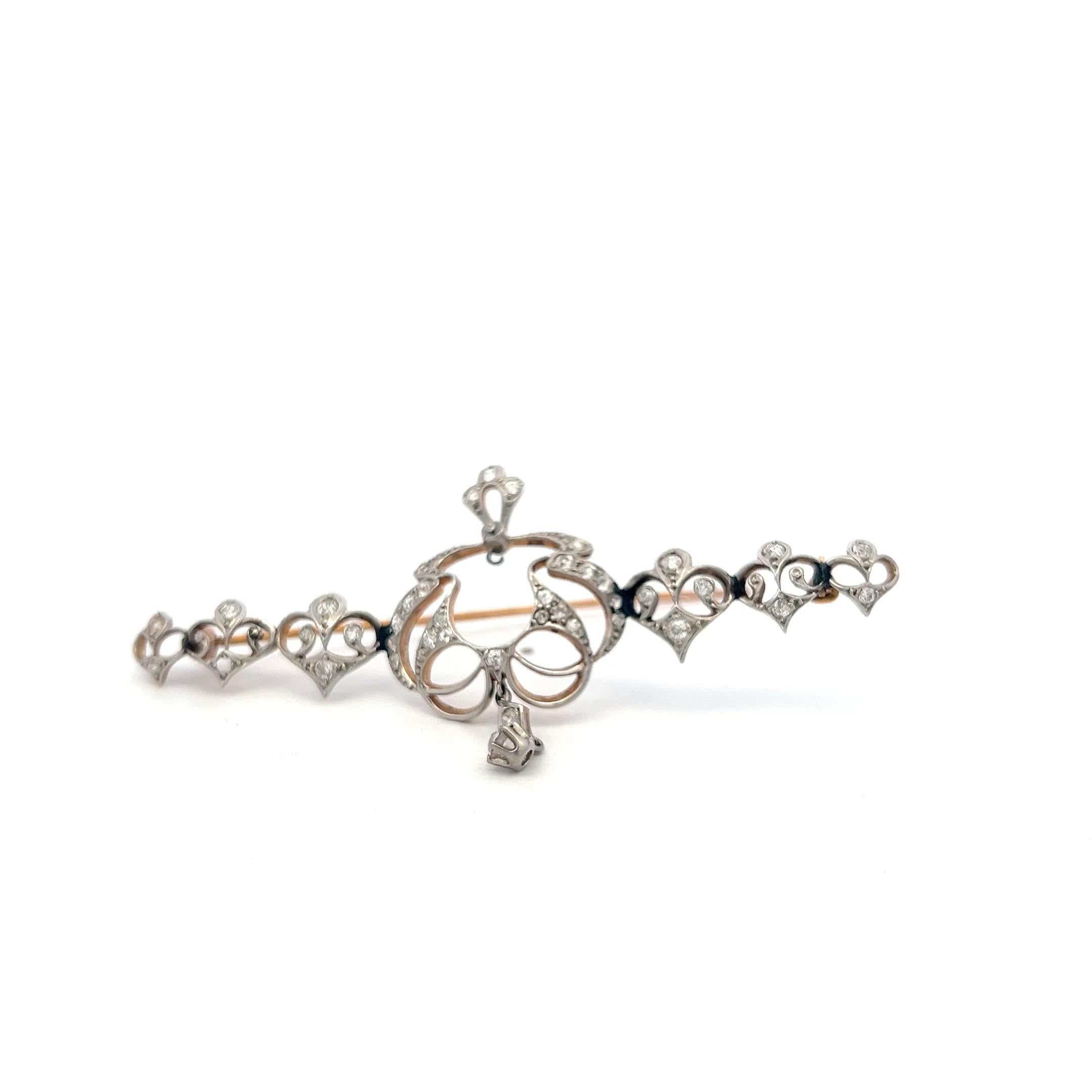 Vintage 14K Yellow Gold Pin Brooch with 0.6ct Old European Cut I SI Diamonds