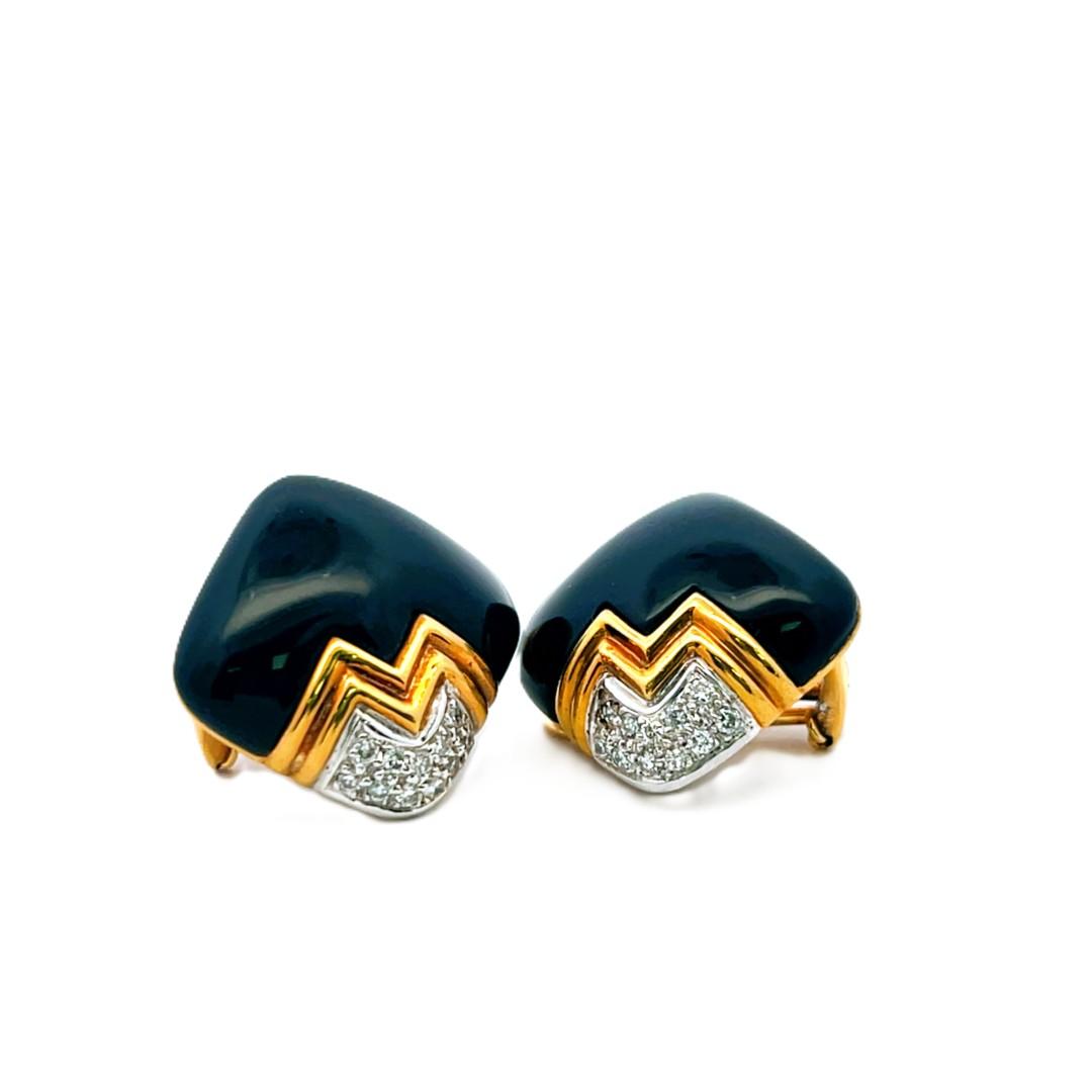 18K Yellow Gold Clip-On Earrings with 0.4ct Round I SI Diamonds 22.5*13.9mm Onyx