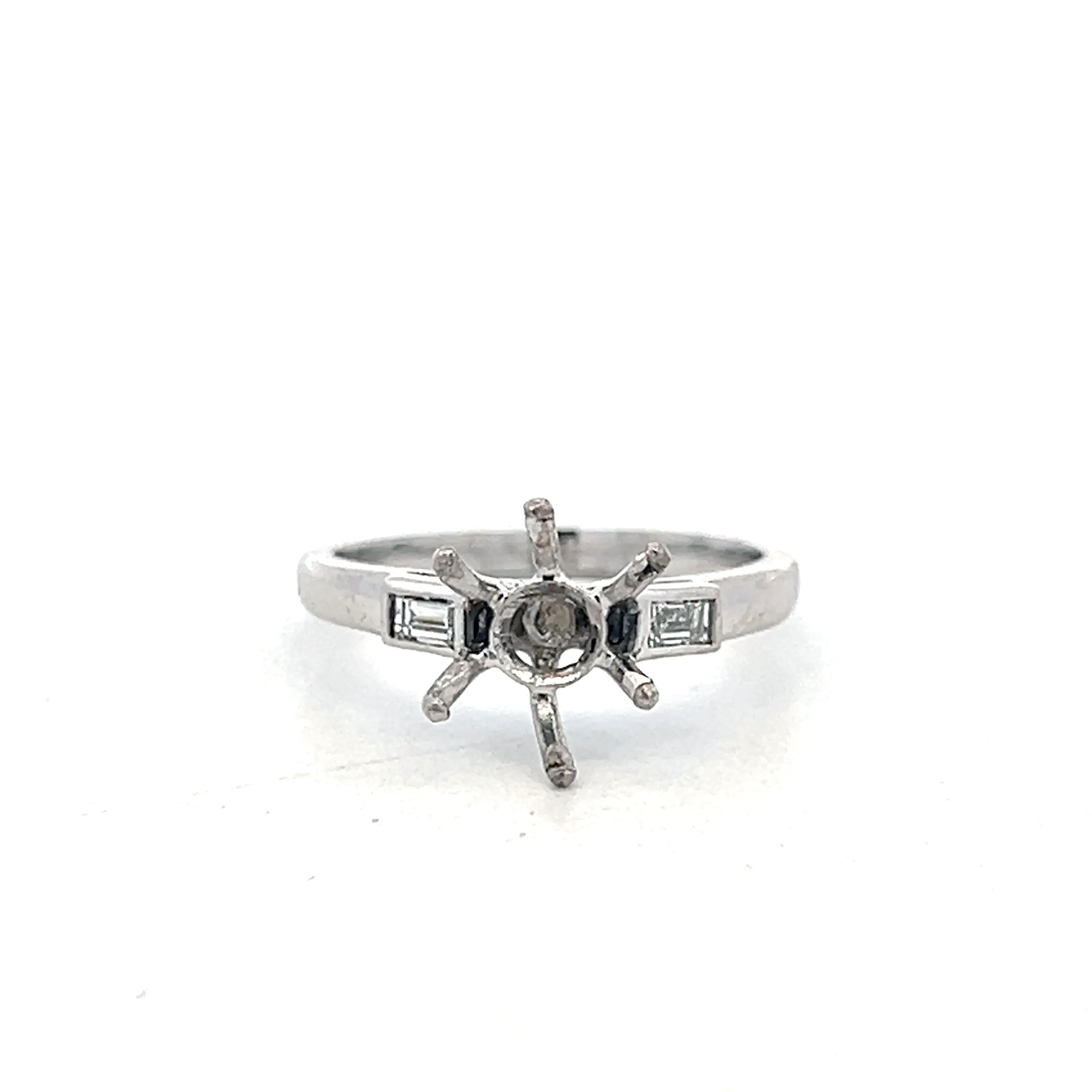18K White Gold Semi Mount Ring with 0.2ct Baguette Diamonds Fits 8.2 MM 2.00ct+