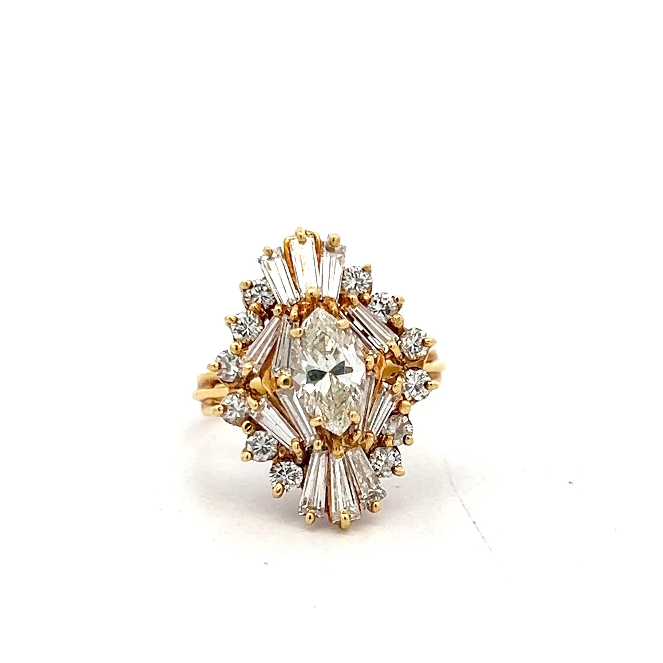 18K Yellow Gold Cluster Ring with 1.92 Carat Mixed Shape Diamonds Size 5.5