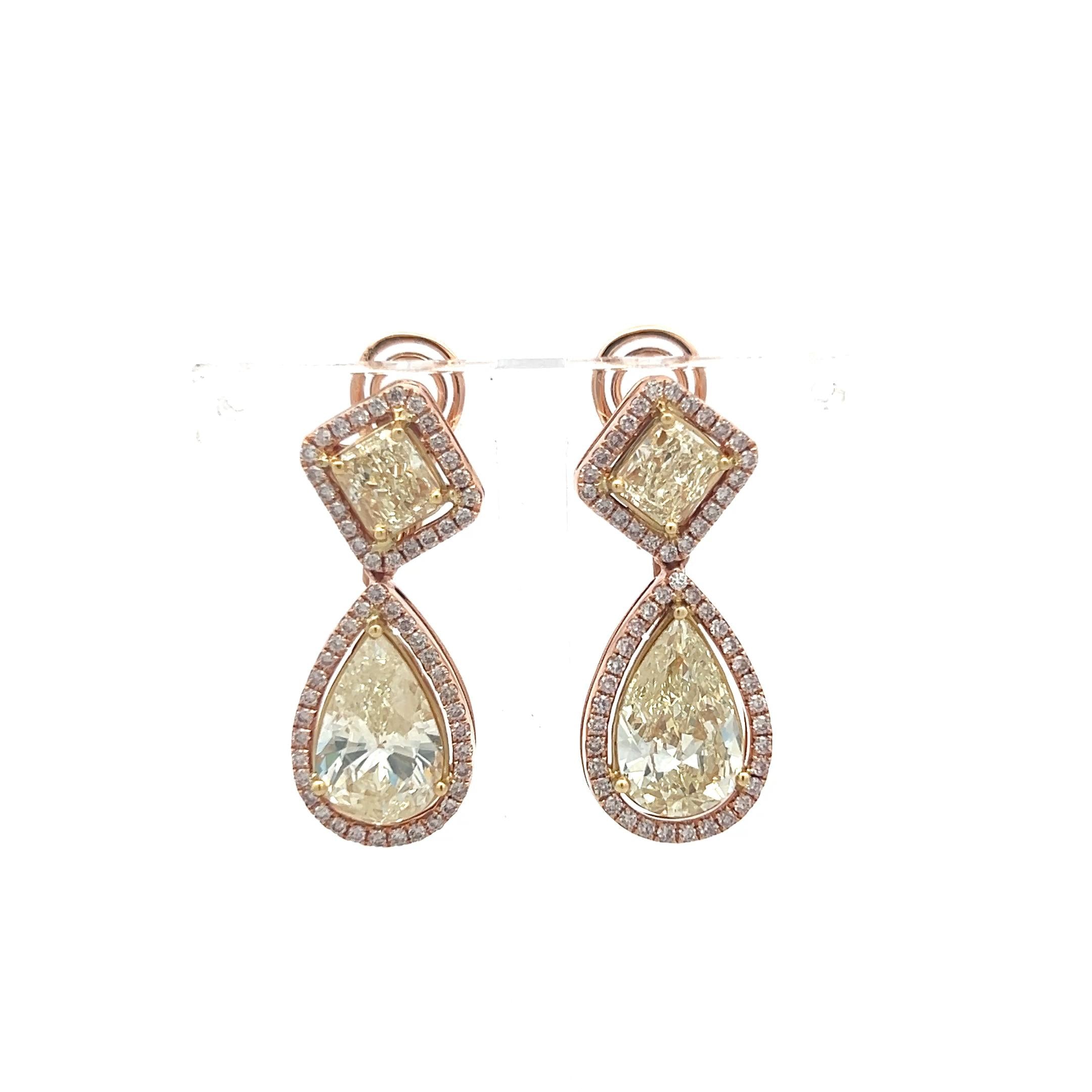 18K Rose Gold Drop Earrings with 9.06ct Pear Radiant & Round Diamonds