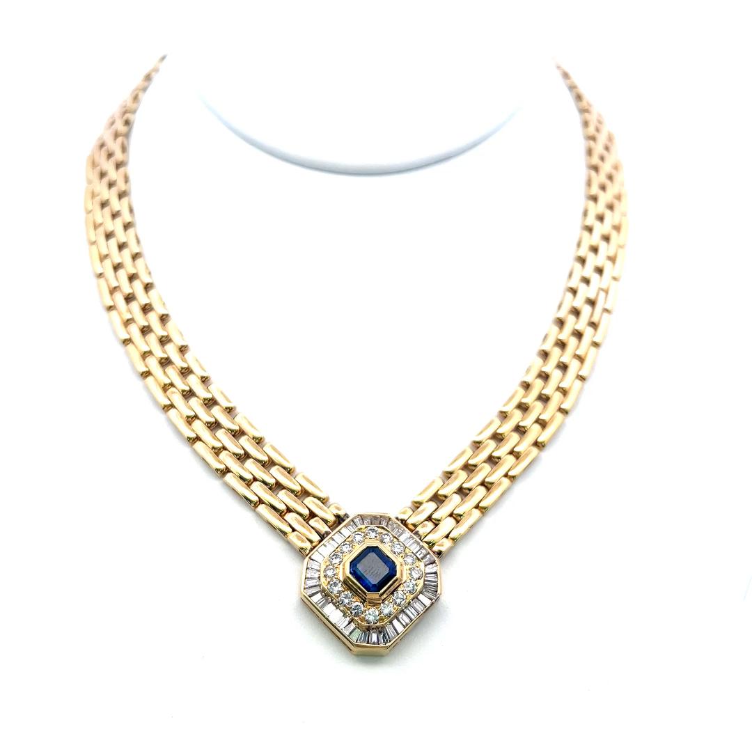 18K Yellow Gold Collar Necklace with 2.42 Carat I SI Diamonds &1.91ct Sapphire