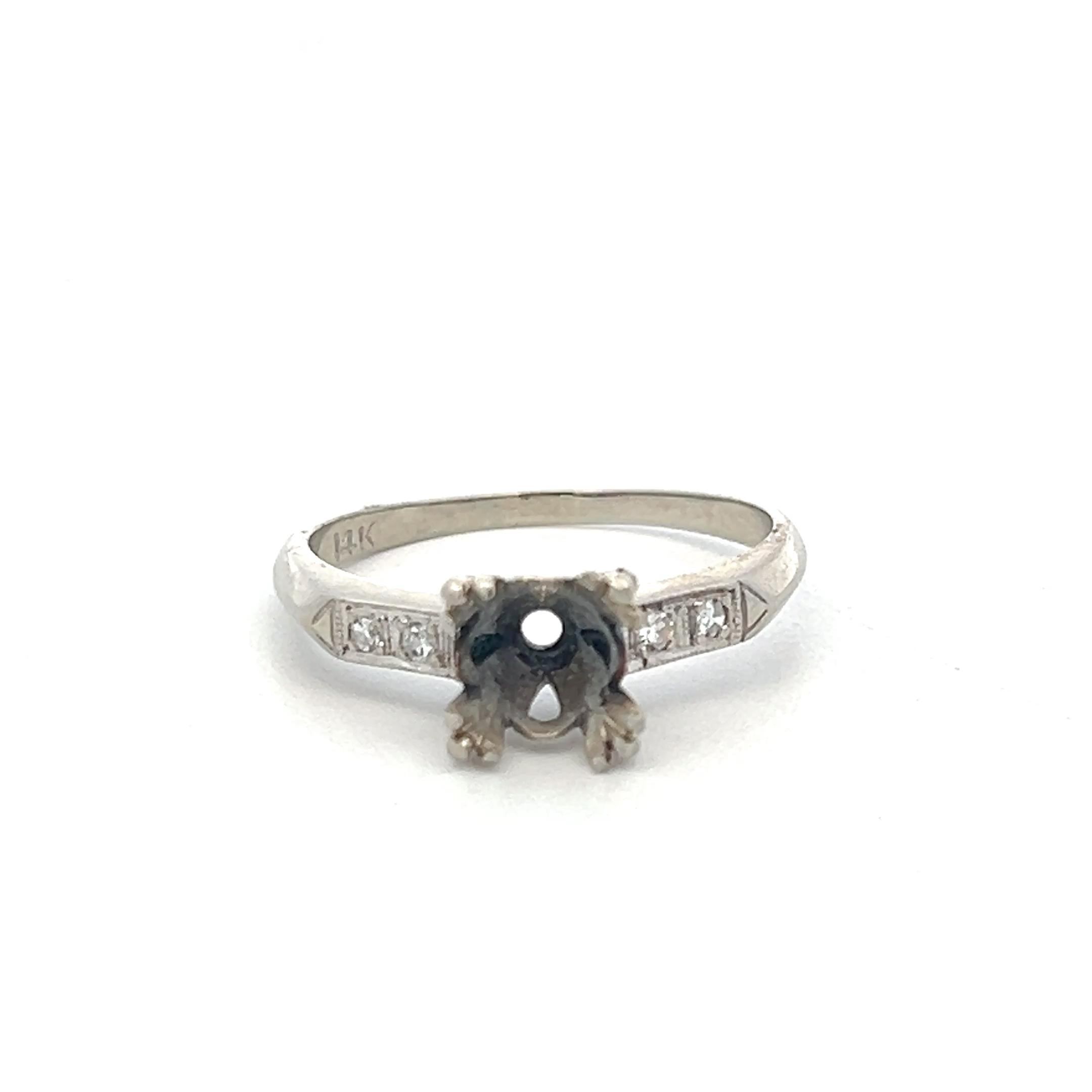 14K White Gold Semi Mount Ring 0.04ct Old European H SI Diamonds Fits 1.25ct++