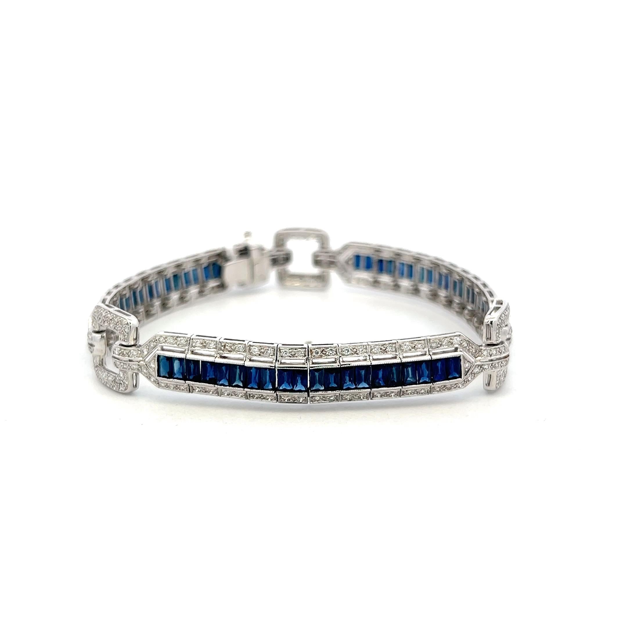 18K White Gold Link Bracelet with 1.42ct Round H SI Diamonds and 7ct Sapphires