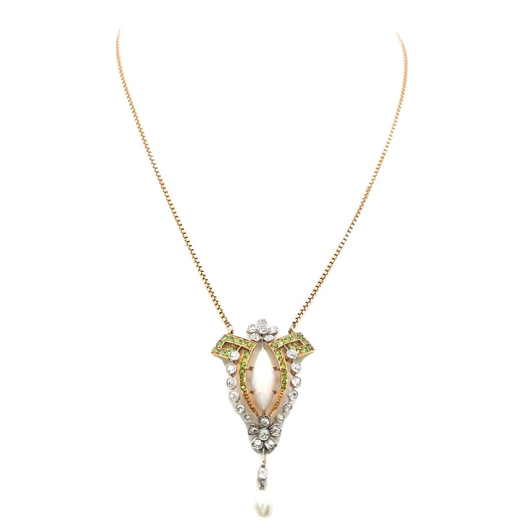 14K YG Pendant Necklace with 0.72ct Old European Diamonds & Multi Gemstones