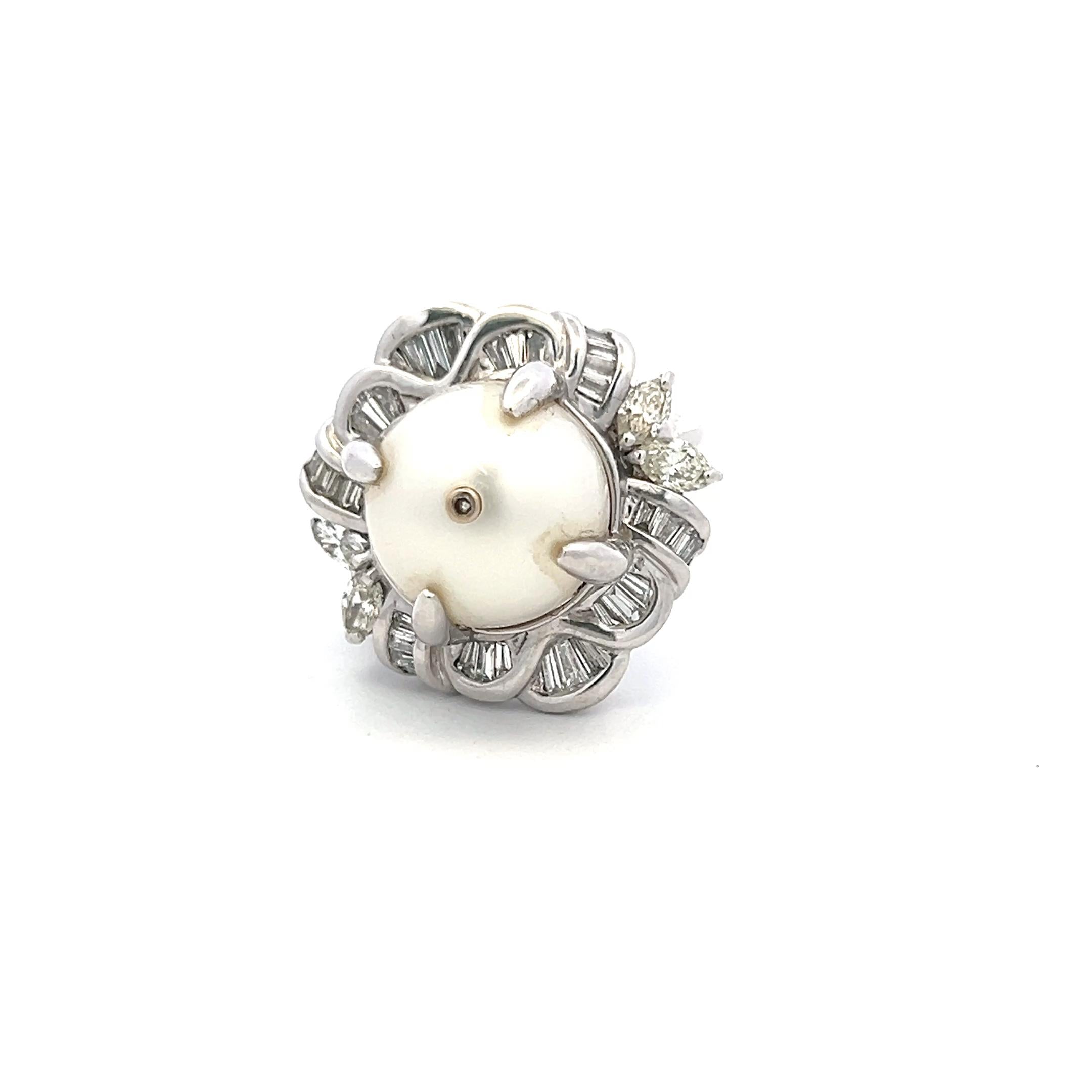 Platinum Cocktail Ring 1.8ct Tapered Baguette & Marquis Diamonds & Pearls Size 7
