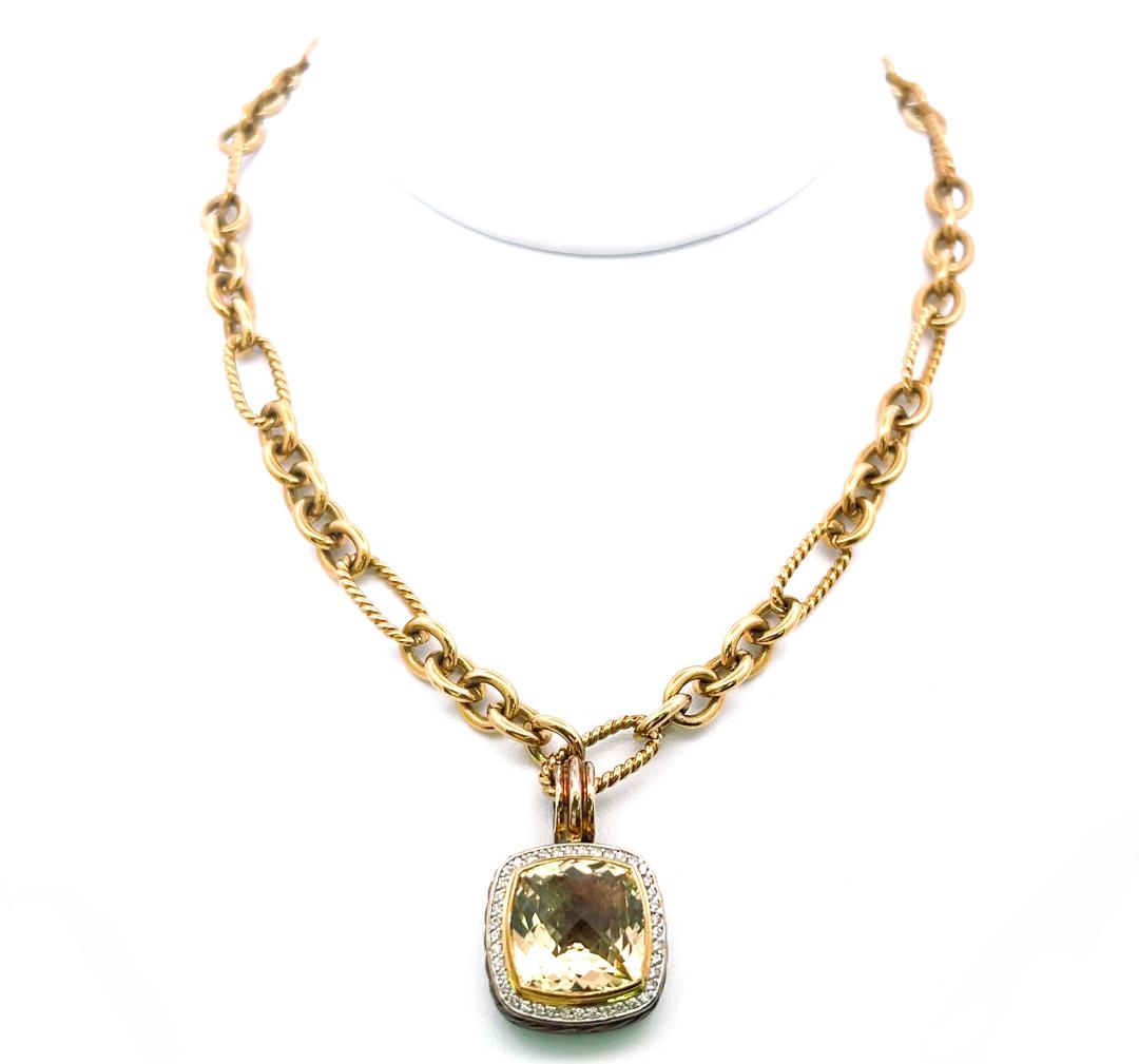 18K Two Tone Gold Pendant Necklace with 0.35ct Round G VS Diamond 13.5mm Citrine