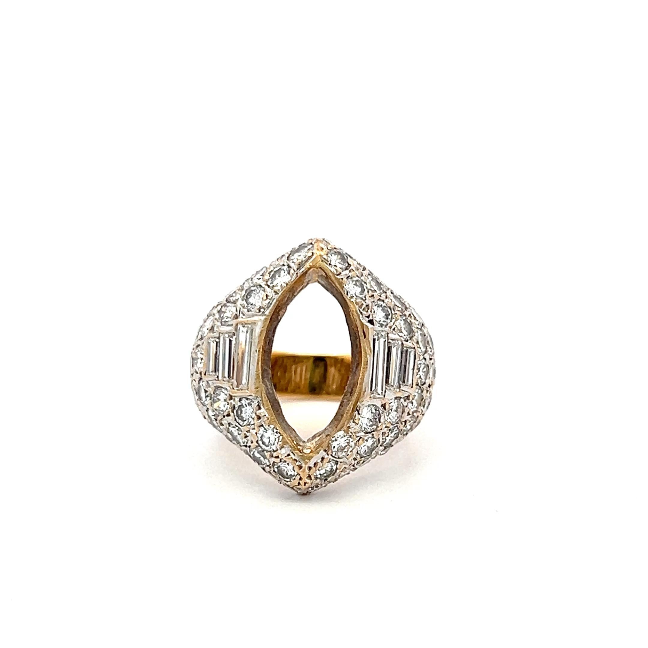 18K YG Semi Mount Ring 4.06ct Round & Baguette Diamonds Fits 14.40x7.71mm 3.24ct