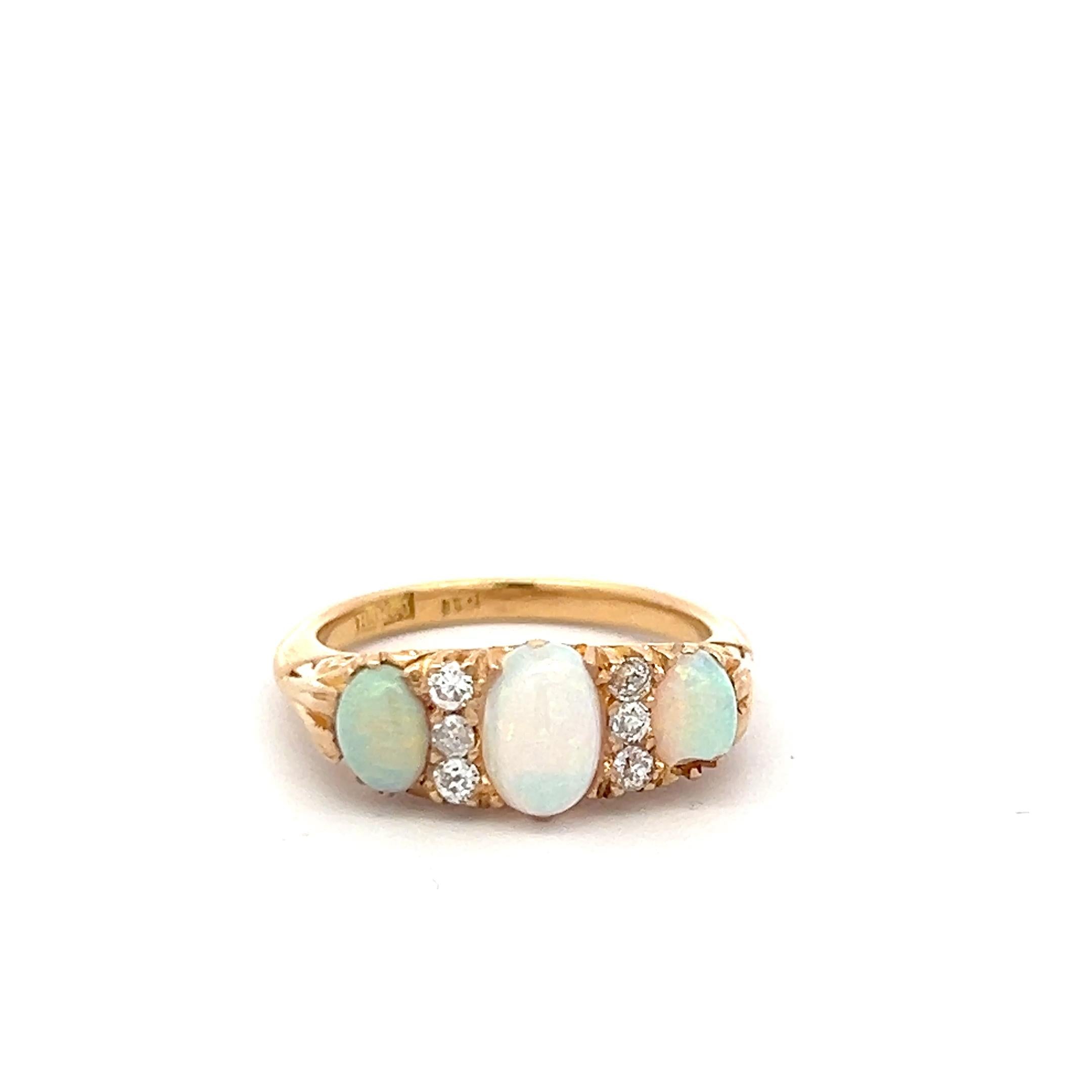 18K YG Three-Stone Ring with 0.12 Carat Diamonds & (4.9-7.5)x(3.9-4.3) MM Opal