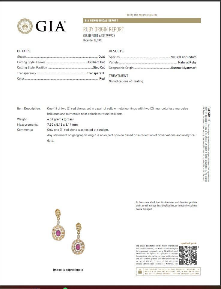 18K YG Drop Earrings with 0.83ct Round & Marquis Diamonds & 1.5ct Oval Ruby GIA