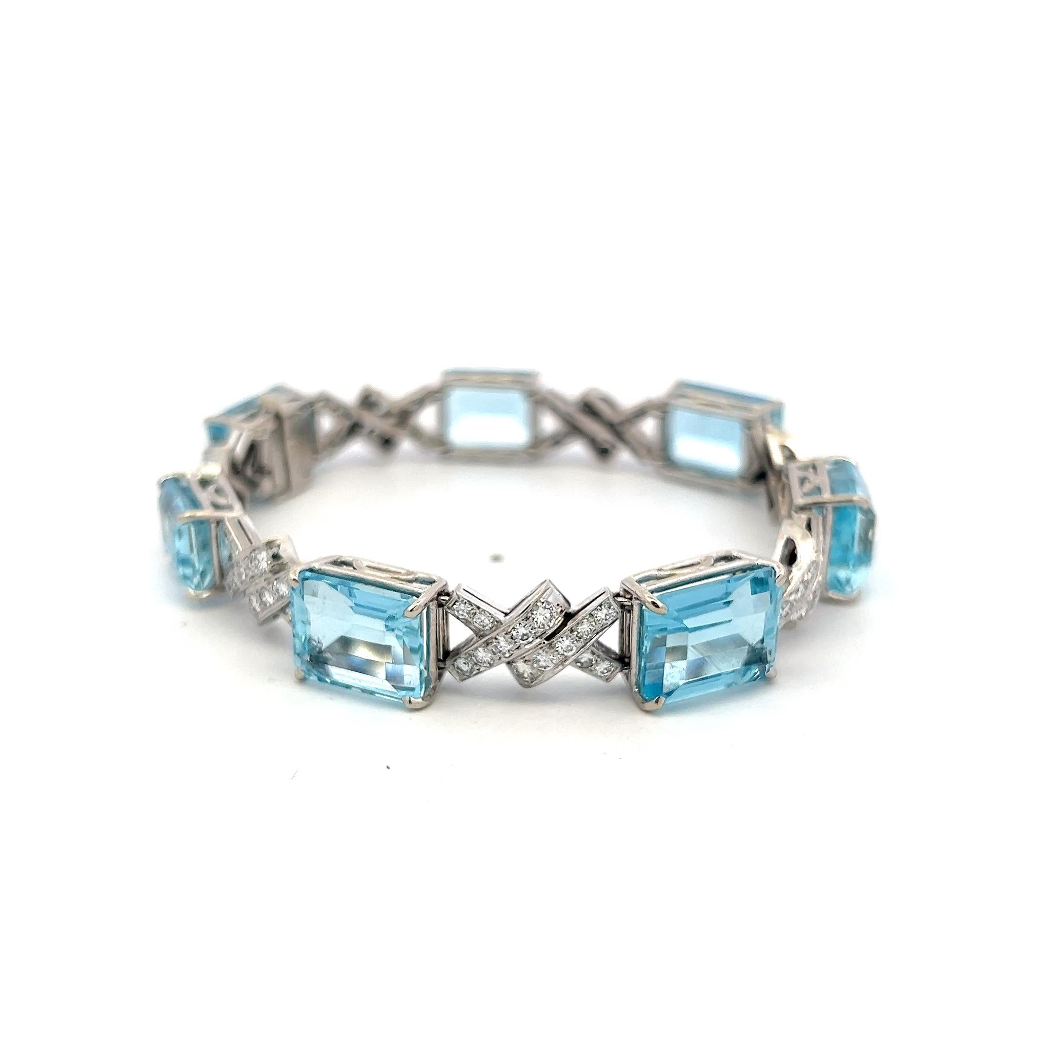 Vintage 14K White Gold Link Bracelet 3.5ct Old European Diamonds & Aquamarine