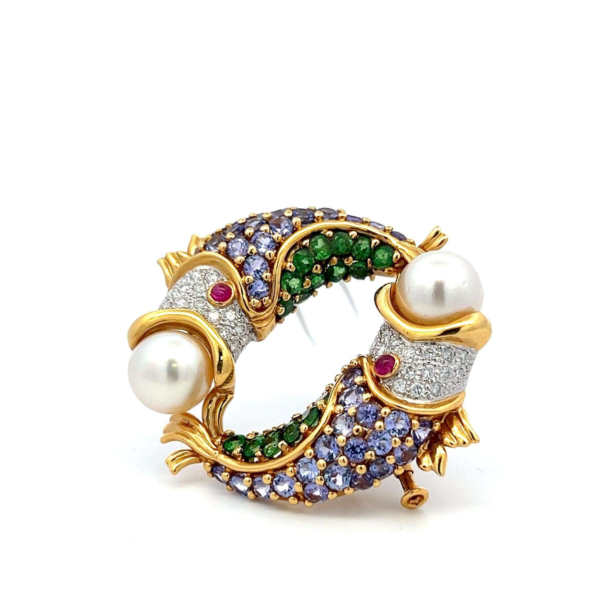 18K Yellow Gold Pin Brooch with 0.5ct  Diamond Round F VS Diamonds & Multigems