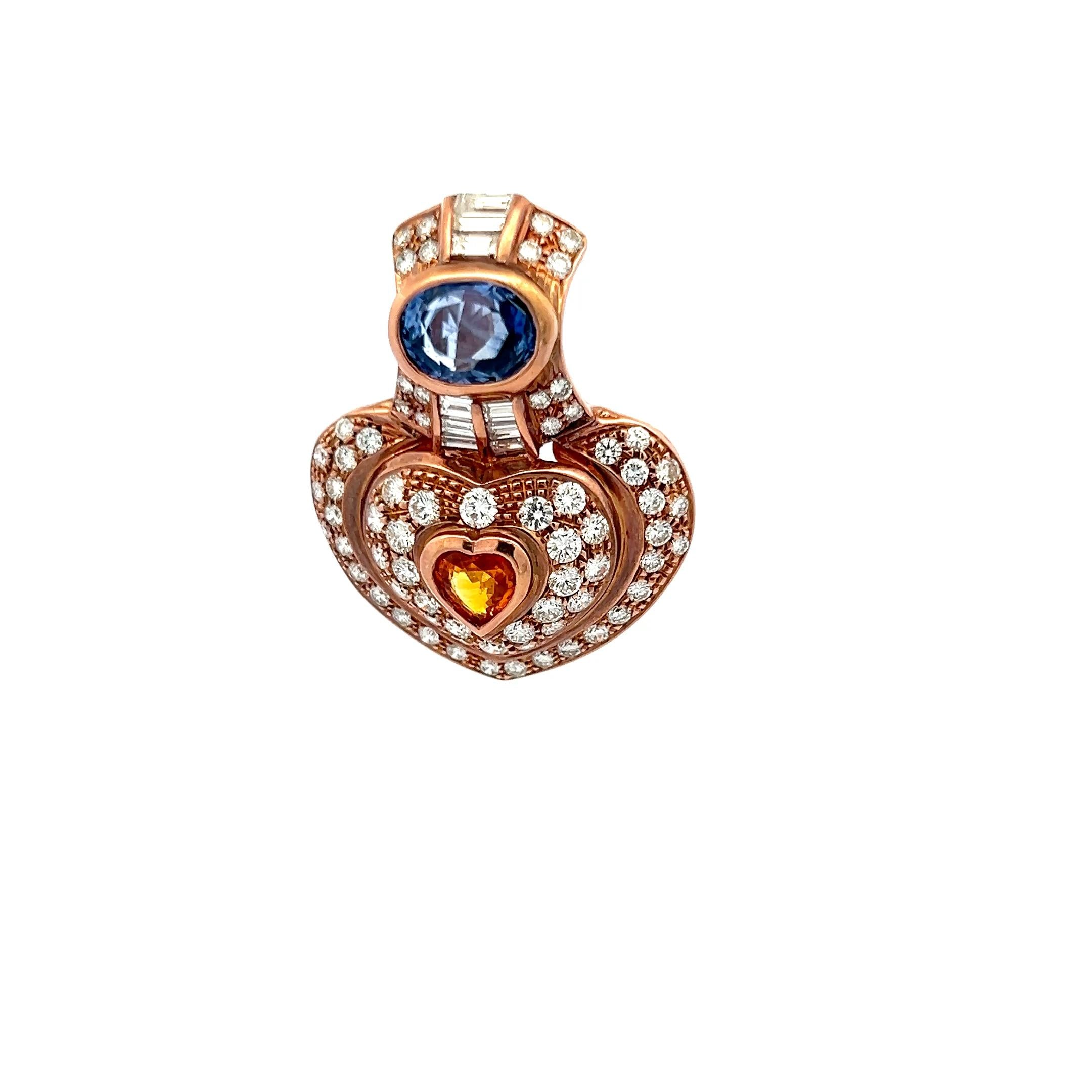 18K Rose Gold Heart Pin Brooch with 4.18 Carat Diamonds and Multi-Gemstones