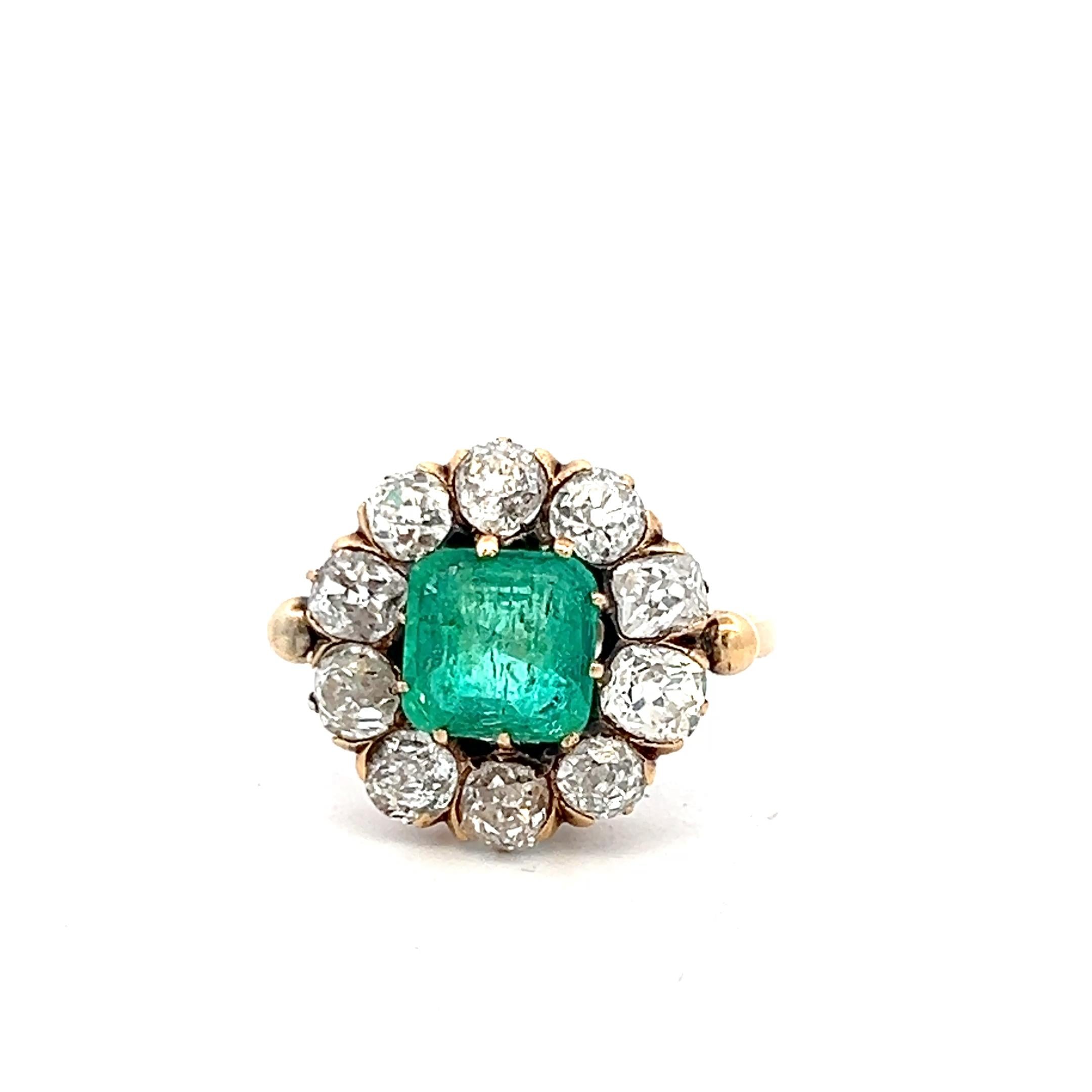 Vintage 10K YG  Edwardian Ring with 1.5 Carat Diamonds H-SI and 2 Carat Emerald