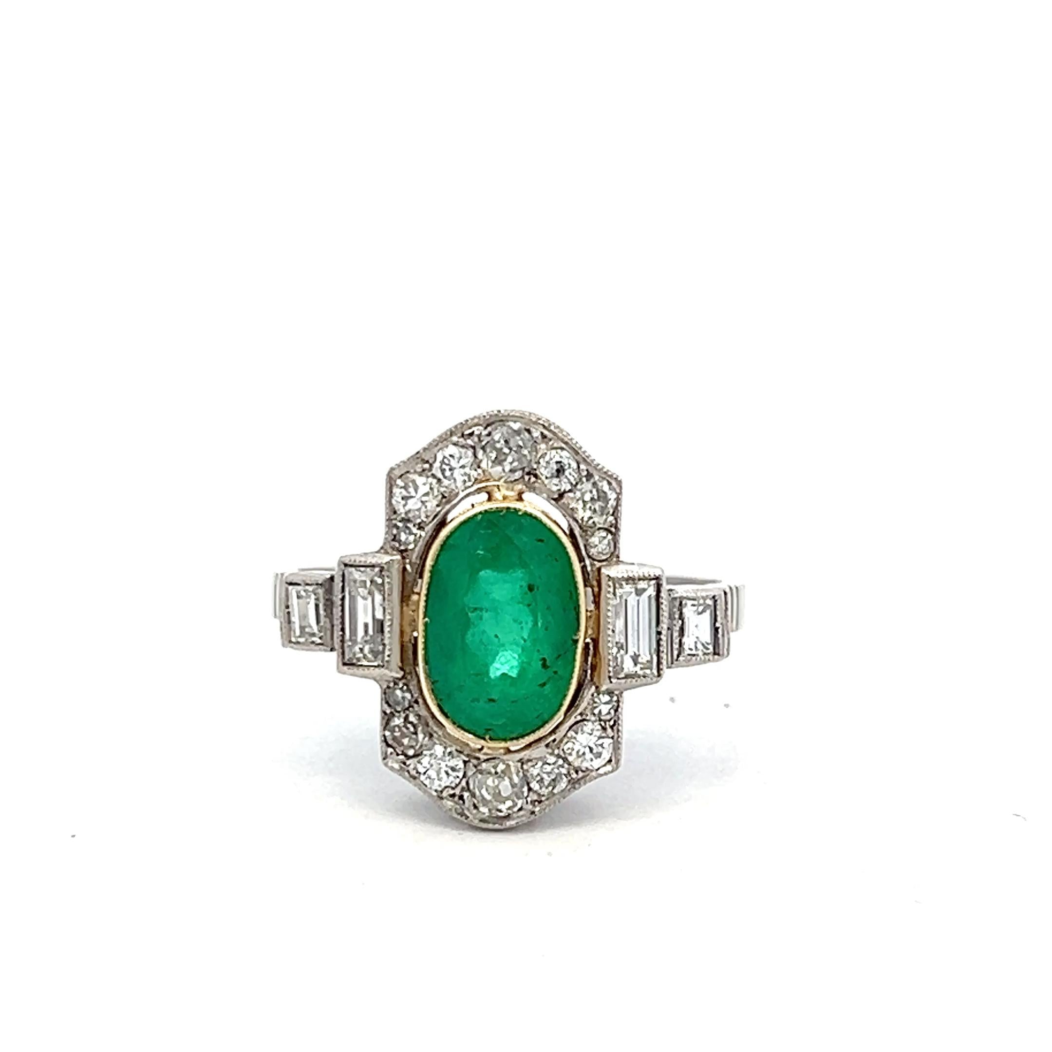 18K Gold Platinum Art Deco Ring 0.72ct H SI Diamonds & 6.5x9.5mm Emerald Size 8
