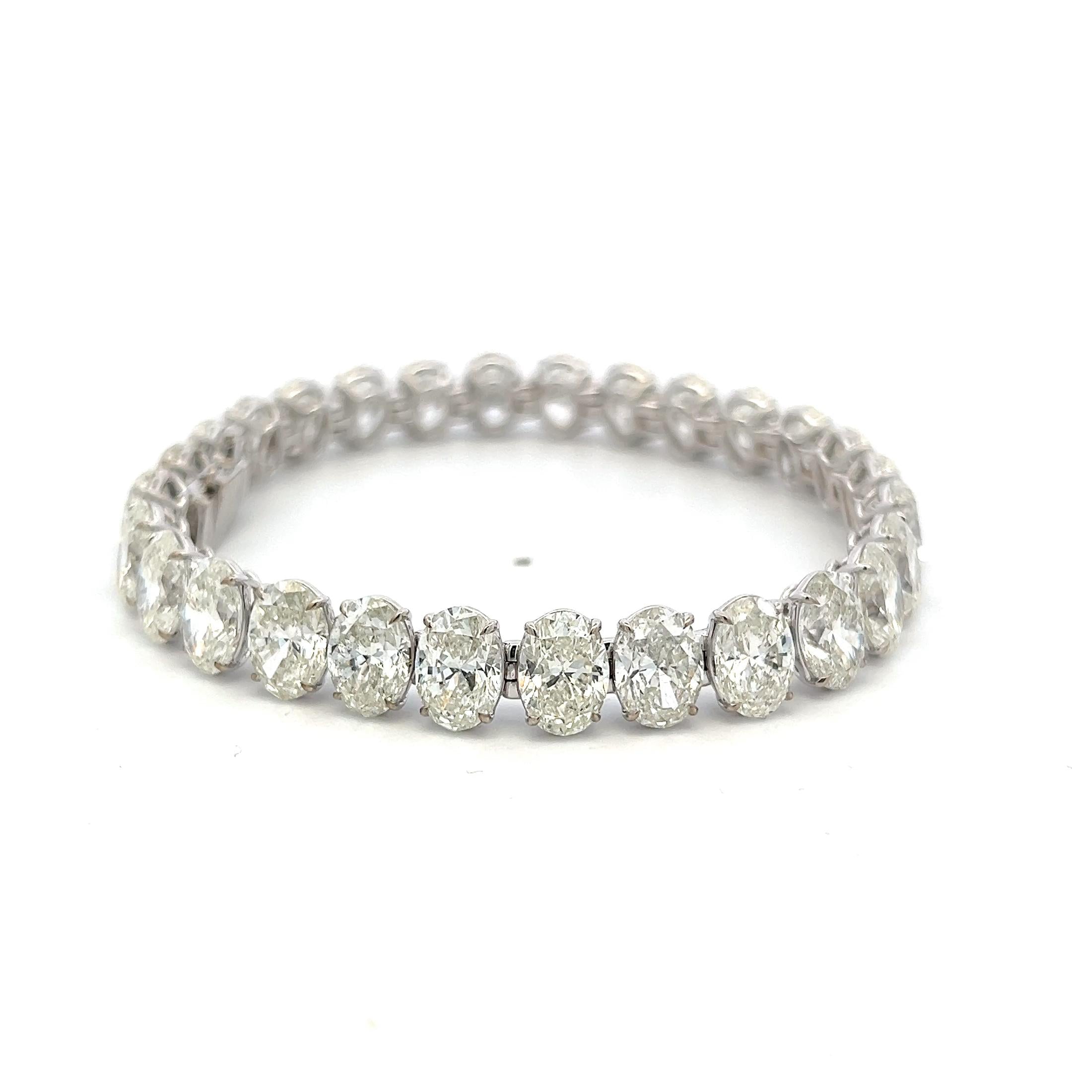 18K White Gold Tennis Bracelet with 42.19 Carat Oval Diamonds I-J-SI GIA