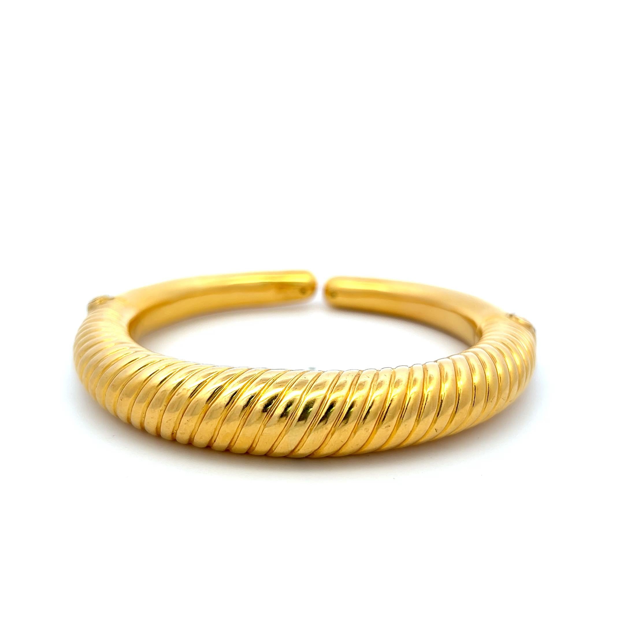 Lalaoonis 22K Yellow Gold Ribbed Torque Cuff Bracelet 6.75x0.37x0.40IN