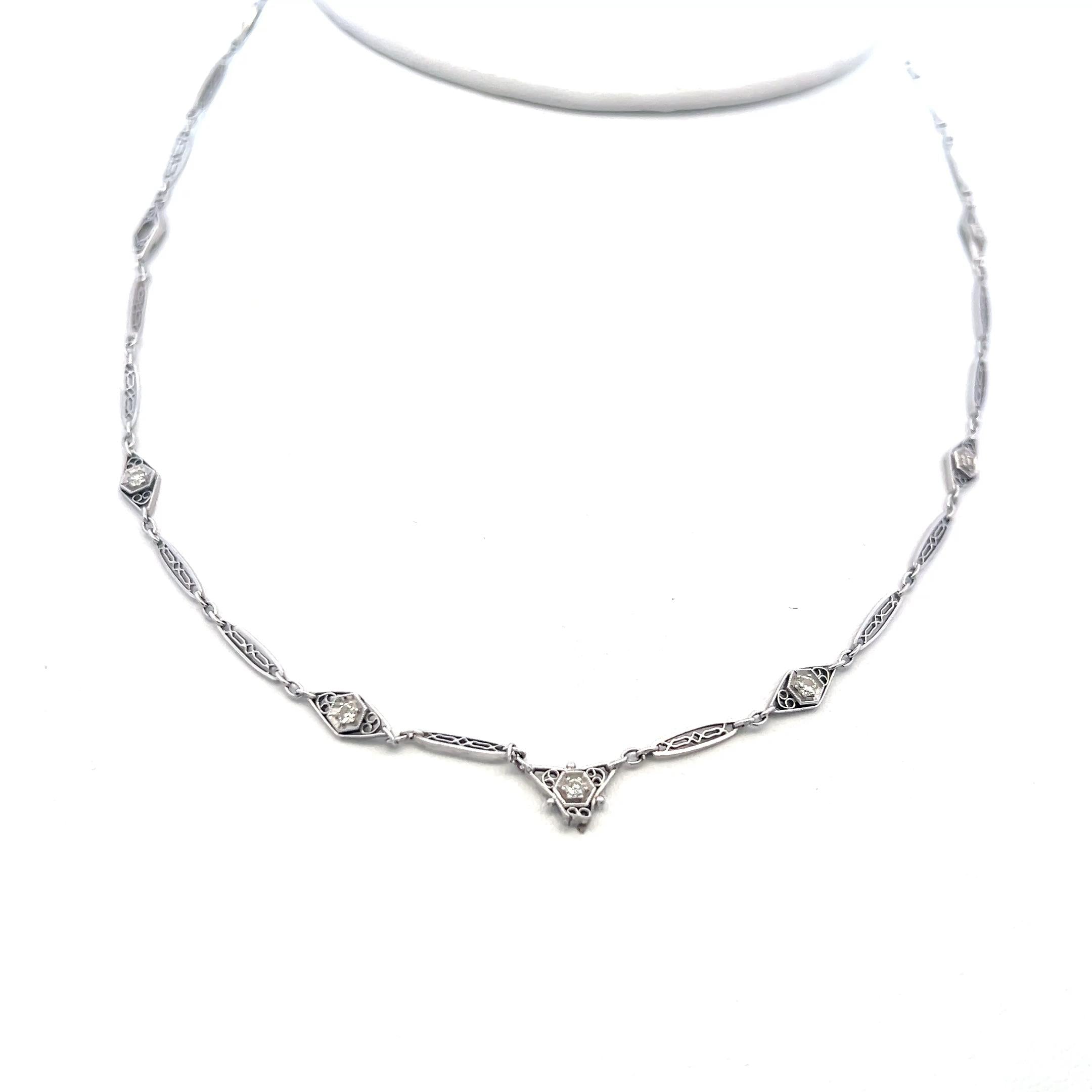 18K White Gold Station Necklace with 0.33 Carat Old European Cut H-VS Diamonds