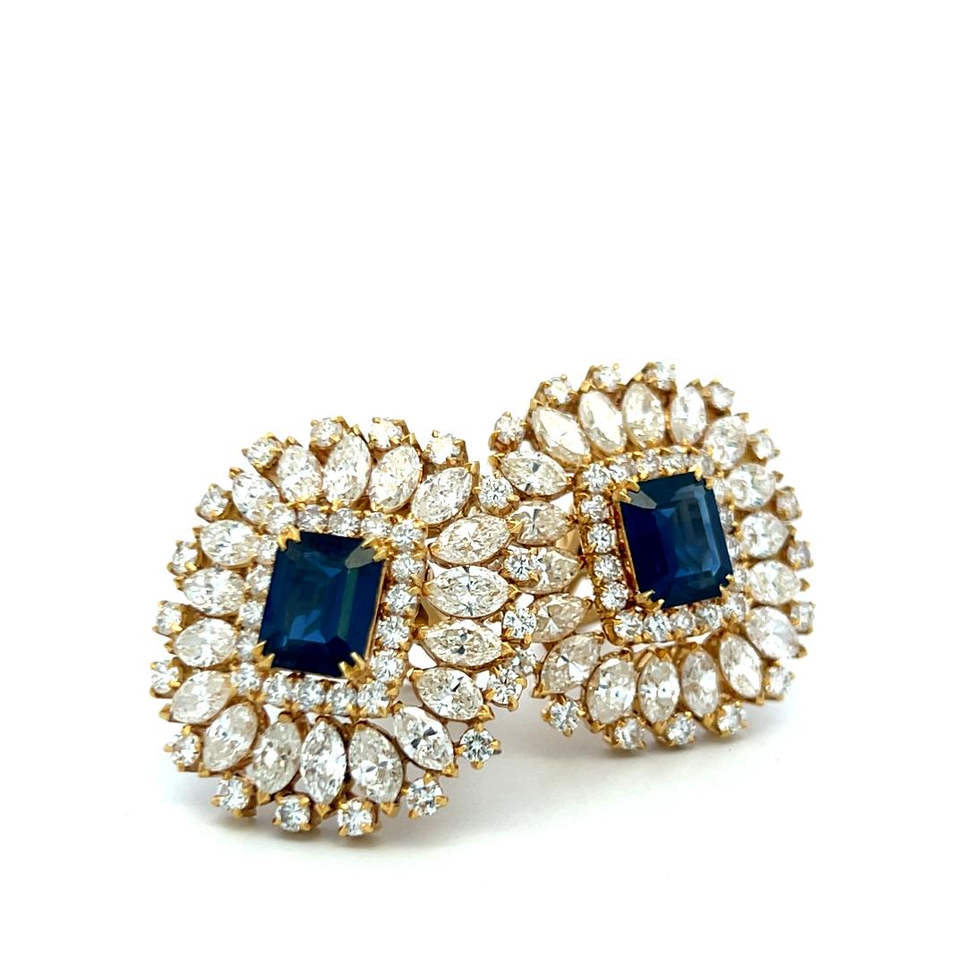 18K YG Clip On Earrings with 18.34 Ct Round & Marquis Diamonds 7.75 Ct Sapphire