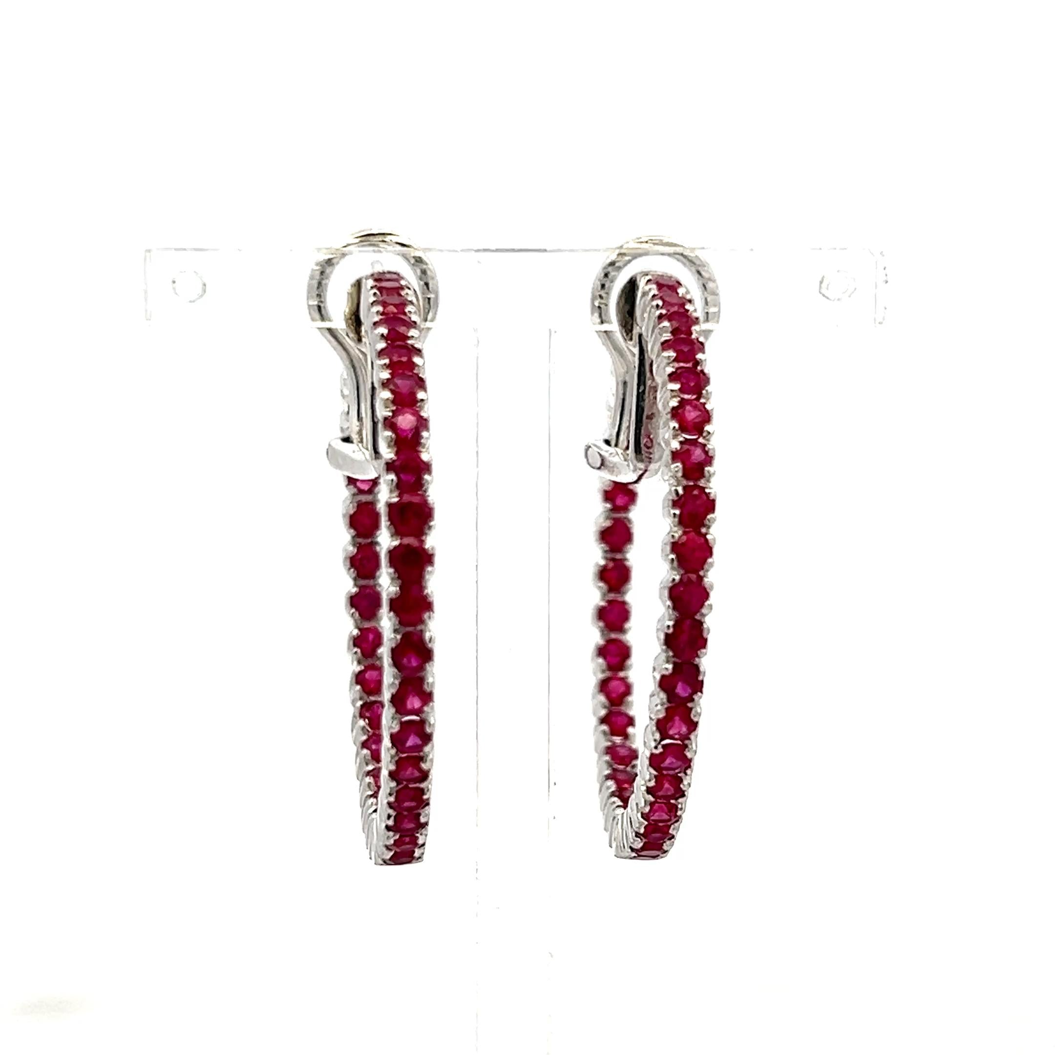 Vintage 18K WG Hoop Earrings with 2 Carat Round Shaped Rubies 14.8 Grams
