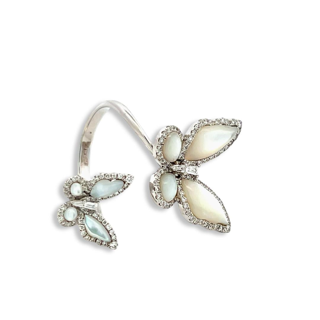 18K WG Butterfly Cocktail Ring 0.53ct Round & Tapered Baguette Diamonds Size 7