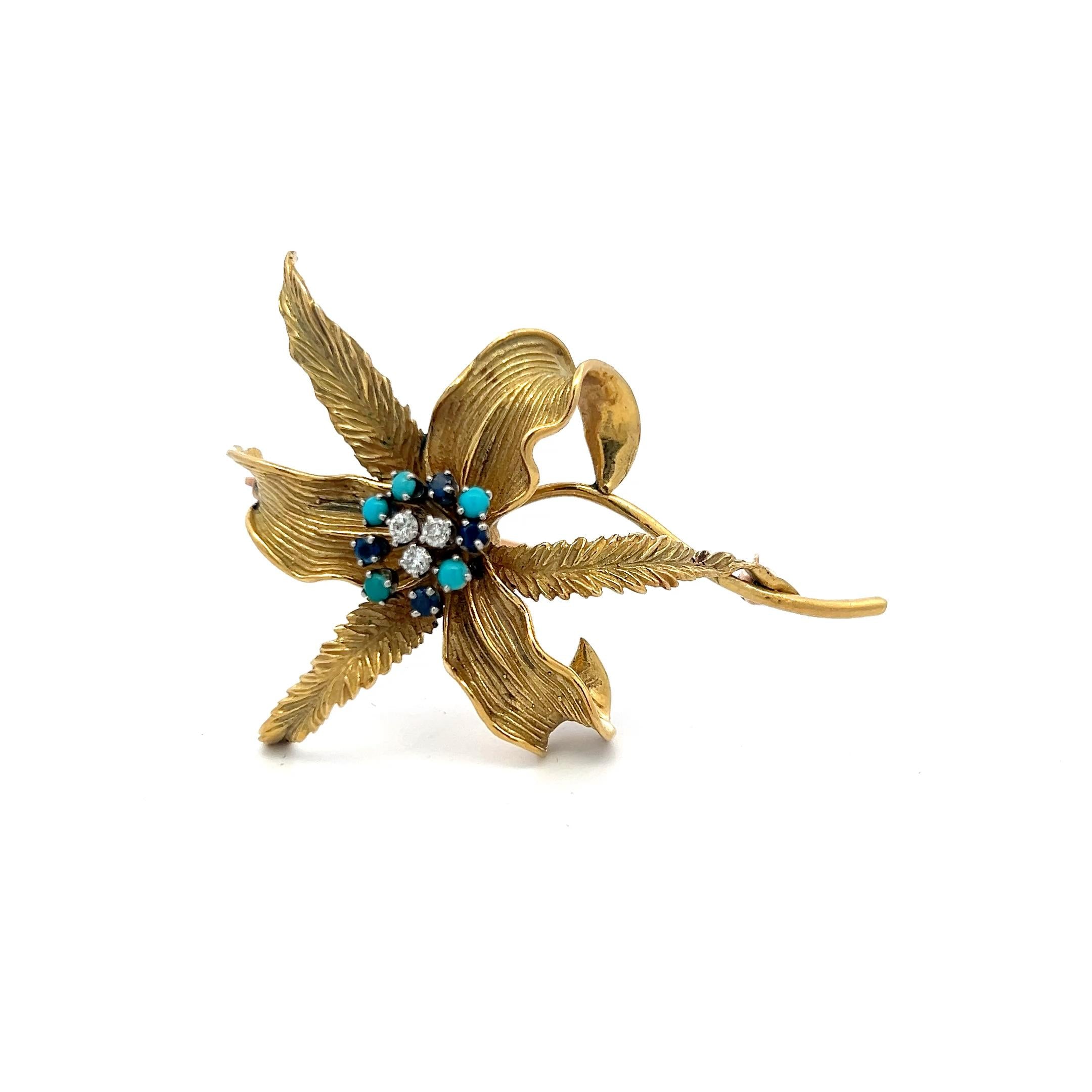18K YG Pin Brooch with 0.09ct Diamonds 0.12ct Sapphires & 2.1 MM Turquoise