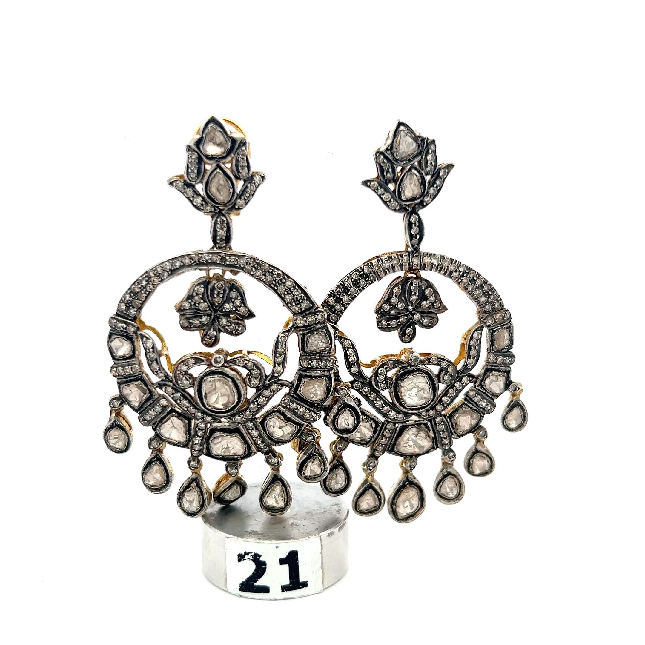 Vintage 14K Yellow Gold Dangling Earrings with Rose Cut White Sapphires