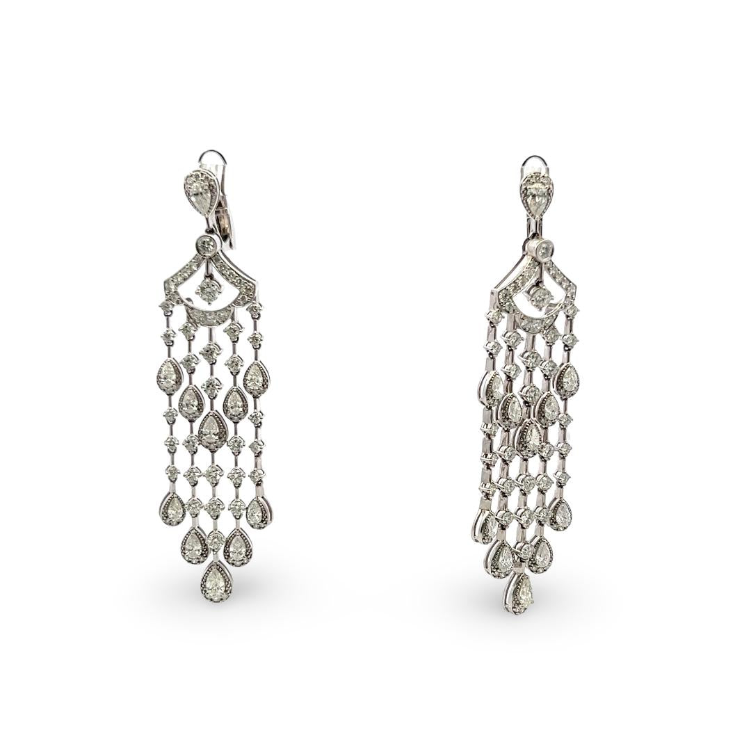 Vintage 18K White Gold Chandelier Earrings with 5.5 Carat Round & Pear Diamonds