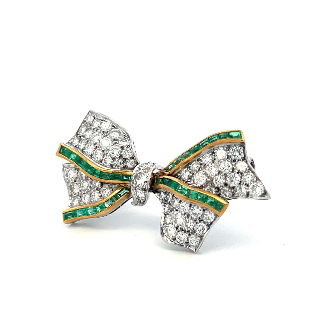Estate 18K Two Tone Gold Bowtie Pin Brooch with 3ct Round Diamonds Emeralds