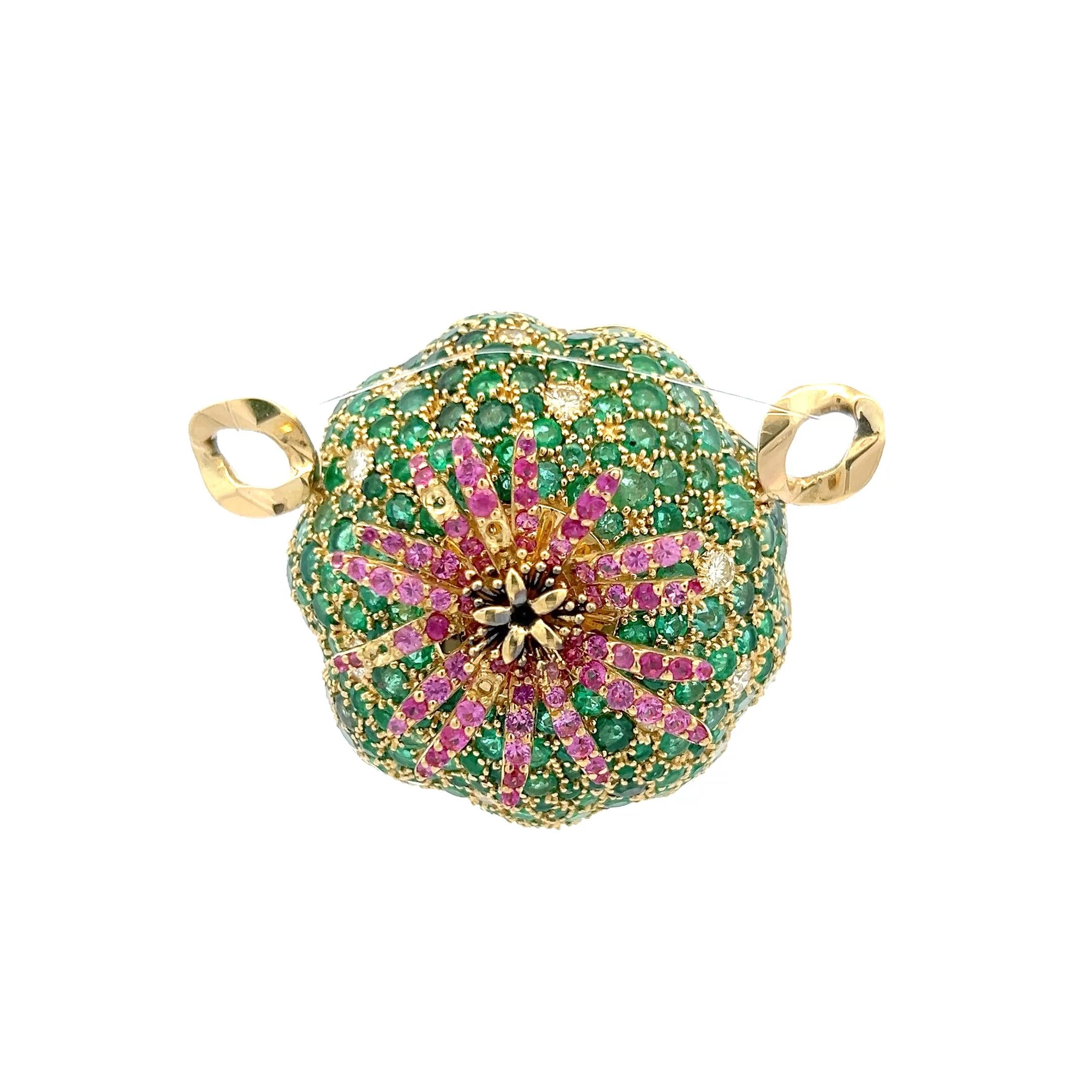 18K YG Pin Brooch with 1.3ct Round Diamonds 1.3ct Sapphire and 7.5ct Emerald