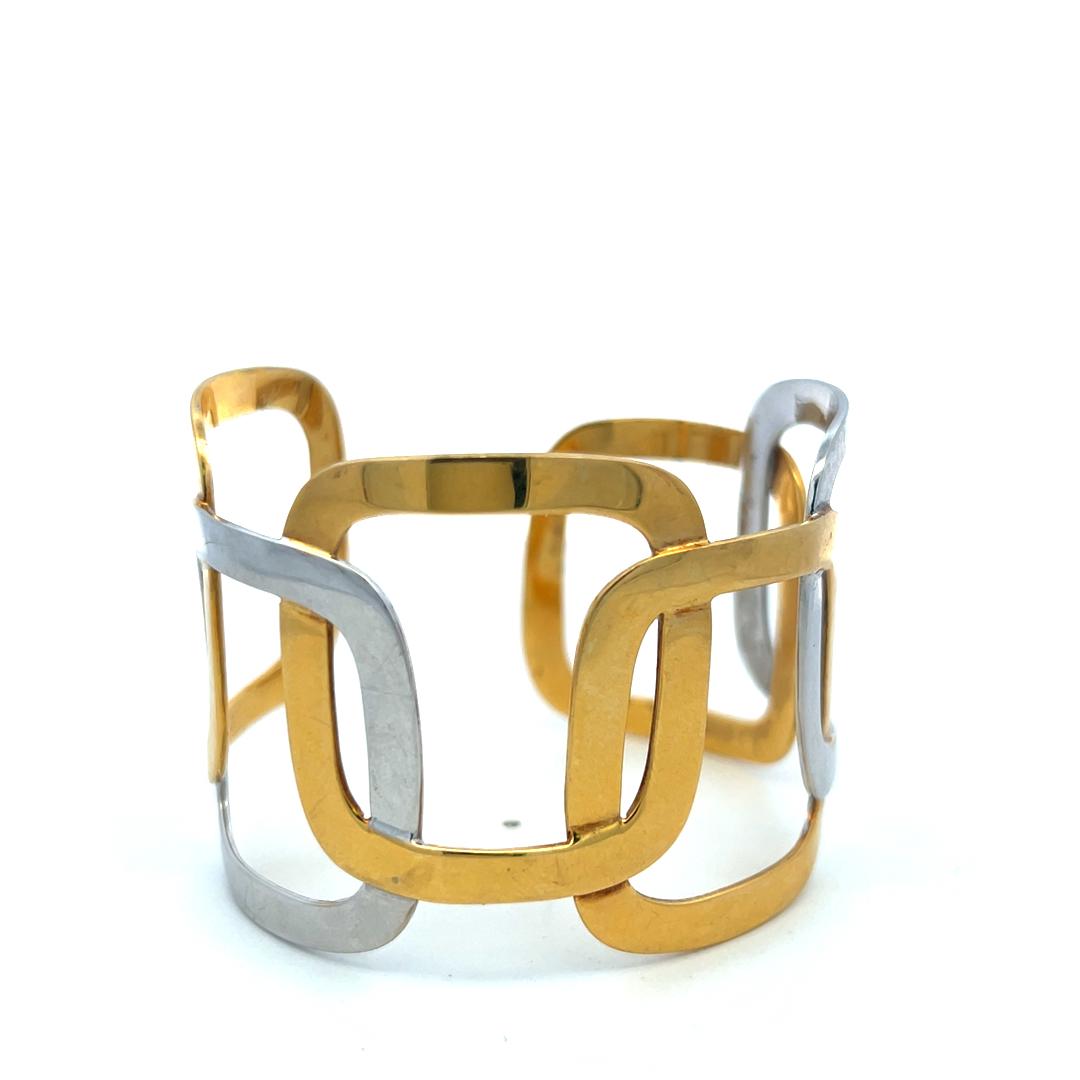Vintage 18 Karat Two Tone Gold Wide Openwork Geometric Cuff Bracelet