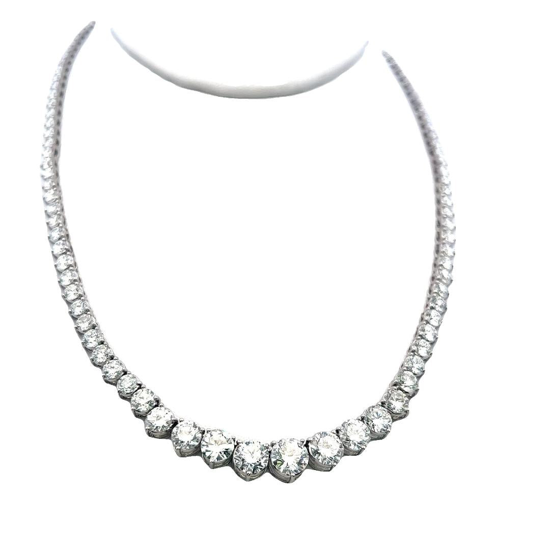 New 18K White Gold Riviera Necklace with 23.56 Carat Round Diamonds GIA