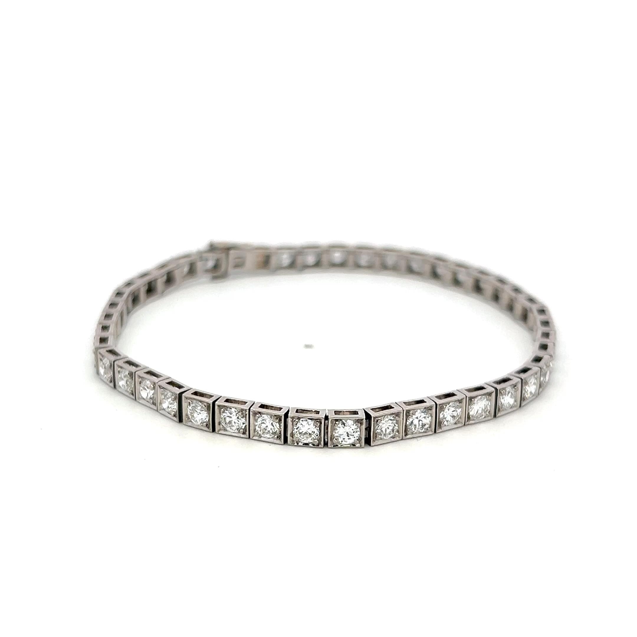 Vintage Platinum Tennis Bracelet with 4.4 Carat Old European Cut F-VS Diamonds
