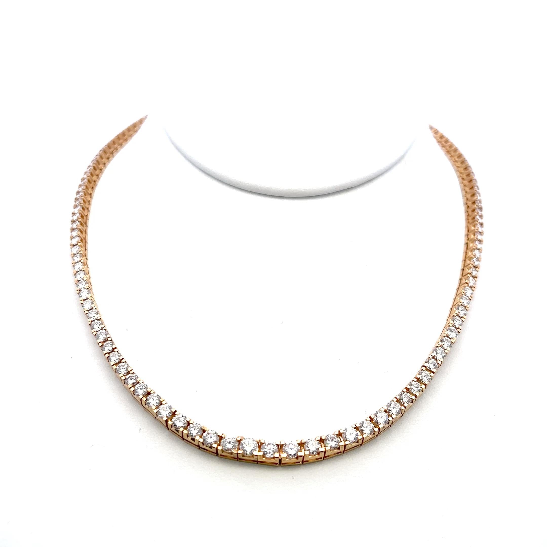 14K Yellow Gold Riviera Necklace with 11.42 Carat Round I VS Diamonds 30.8 Grams