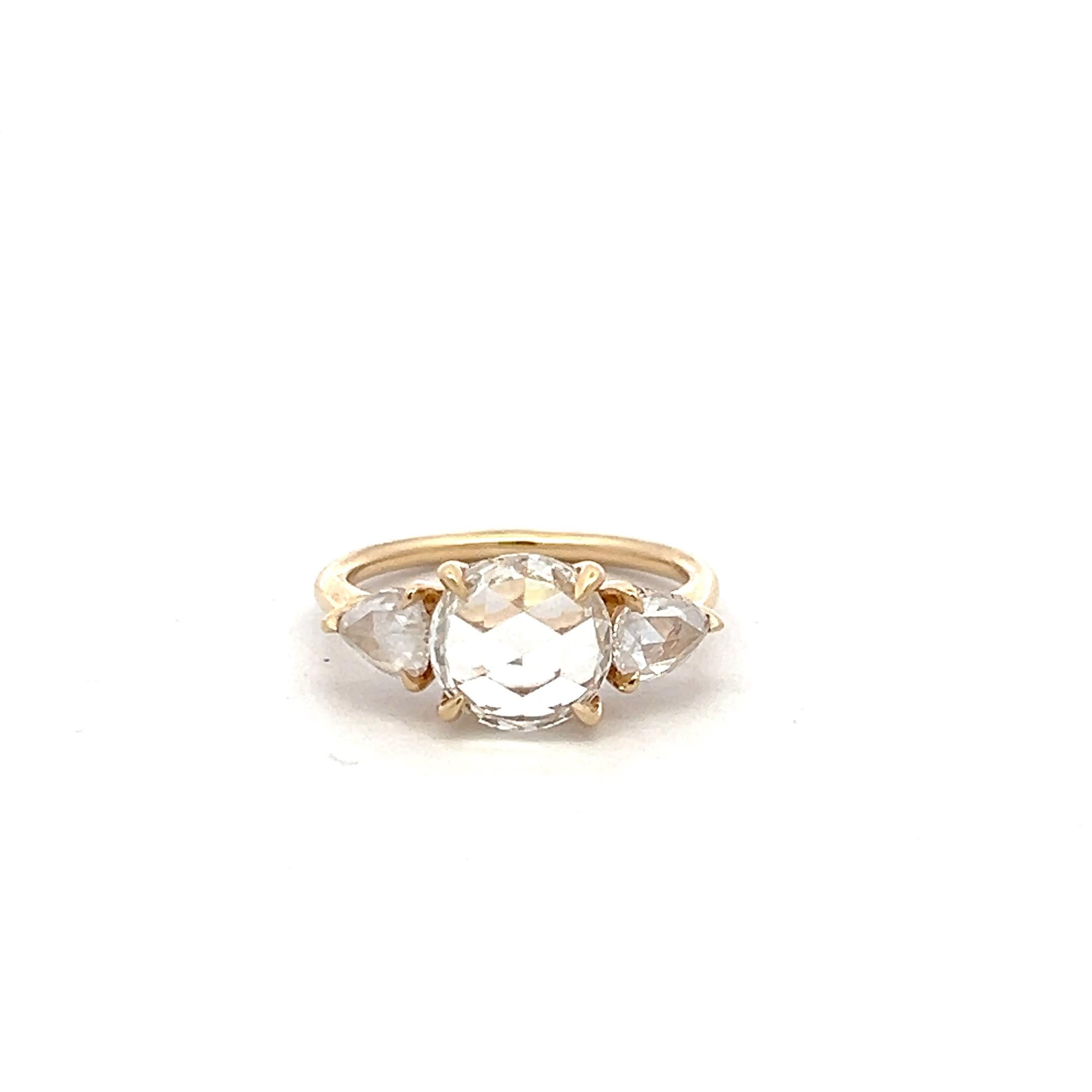 14K YG Three-Stone Ring with 2.02 Carat Rose & Pear Diamonds Size 4 G-VVS2 GIA