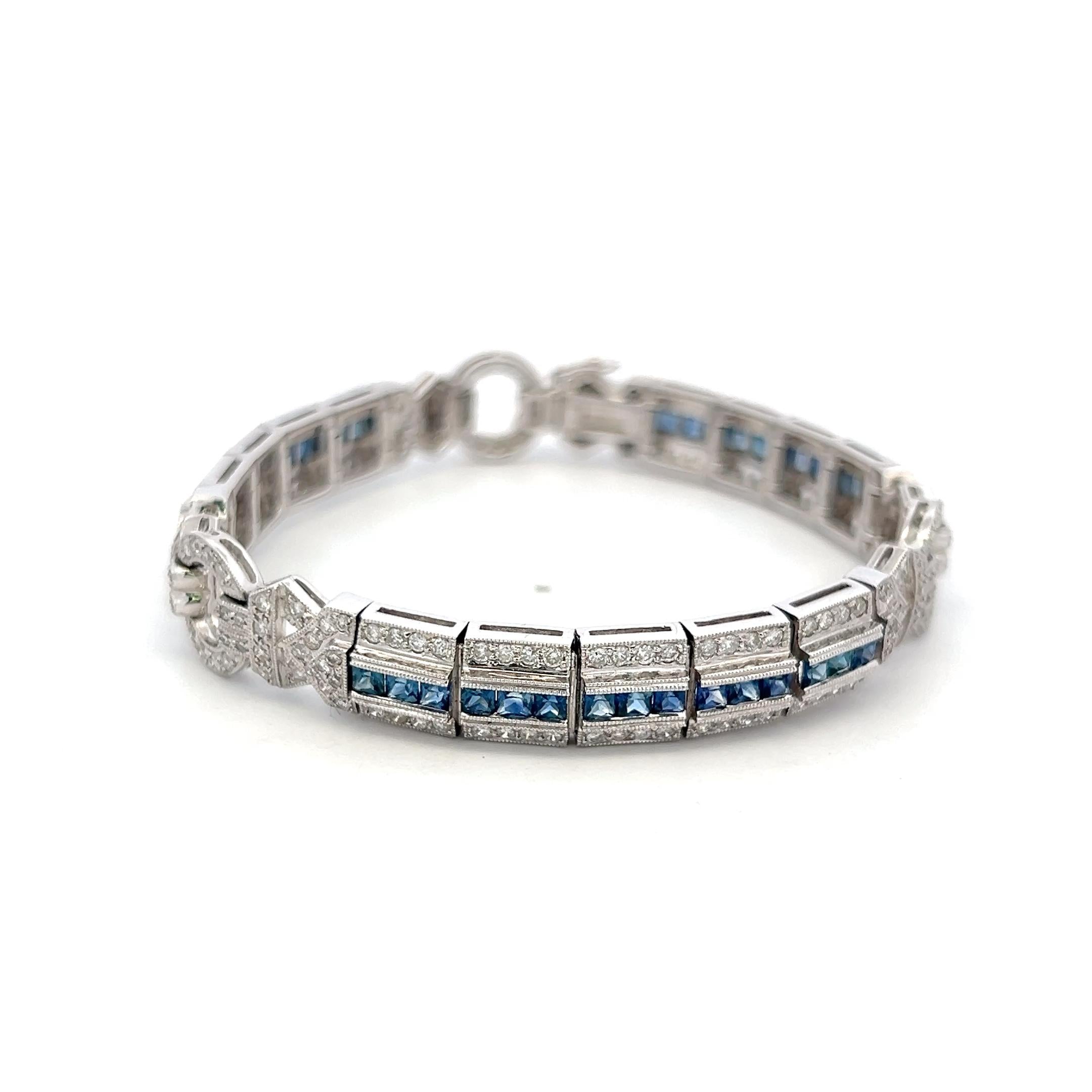 18K WG Art-Deco Bracelet with 2.4 Ct Round I SI Diamonds and 1.95 Ct Sapphires