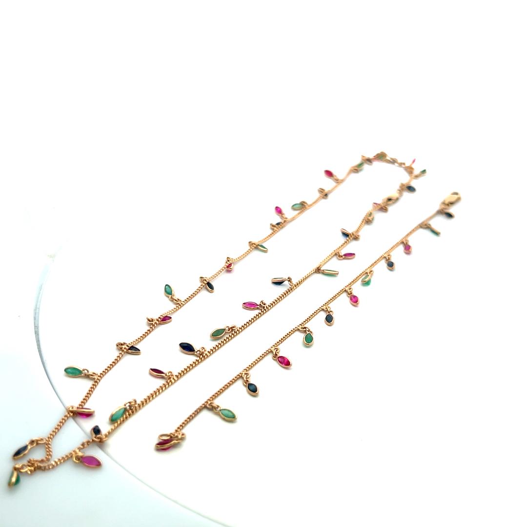 Vintage 14K Yellow Gold Station Necklace with Emerald Sapphire & Ruby Gemstones